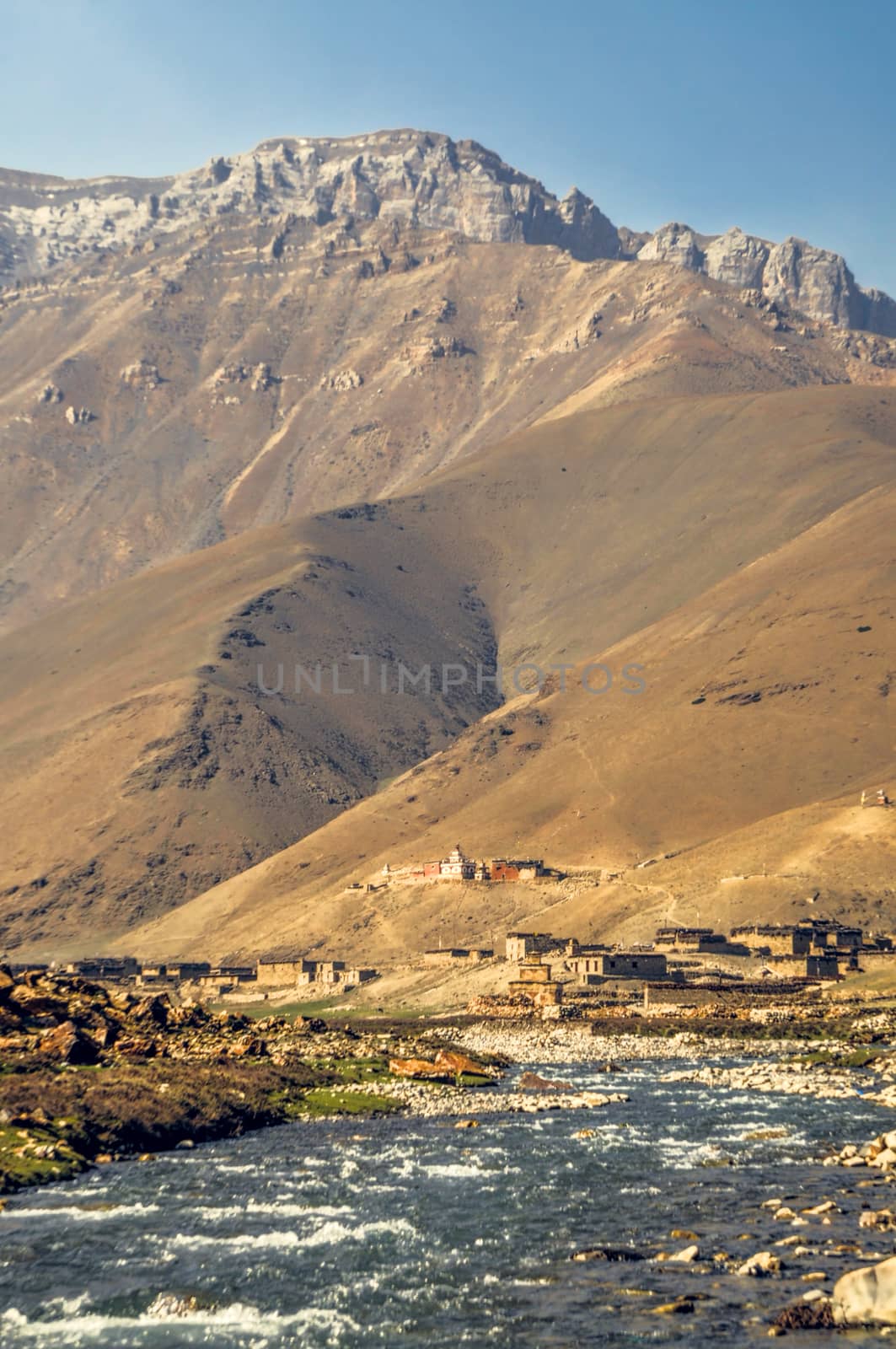 Scenic river in valley in Himalayas mountains in Nepal