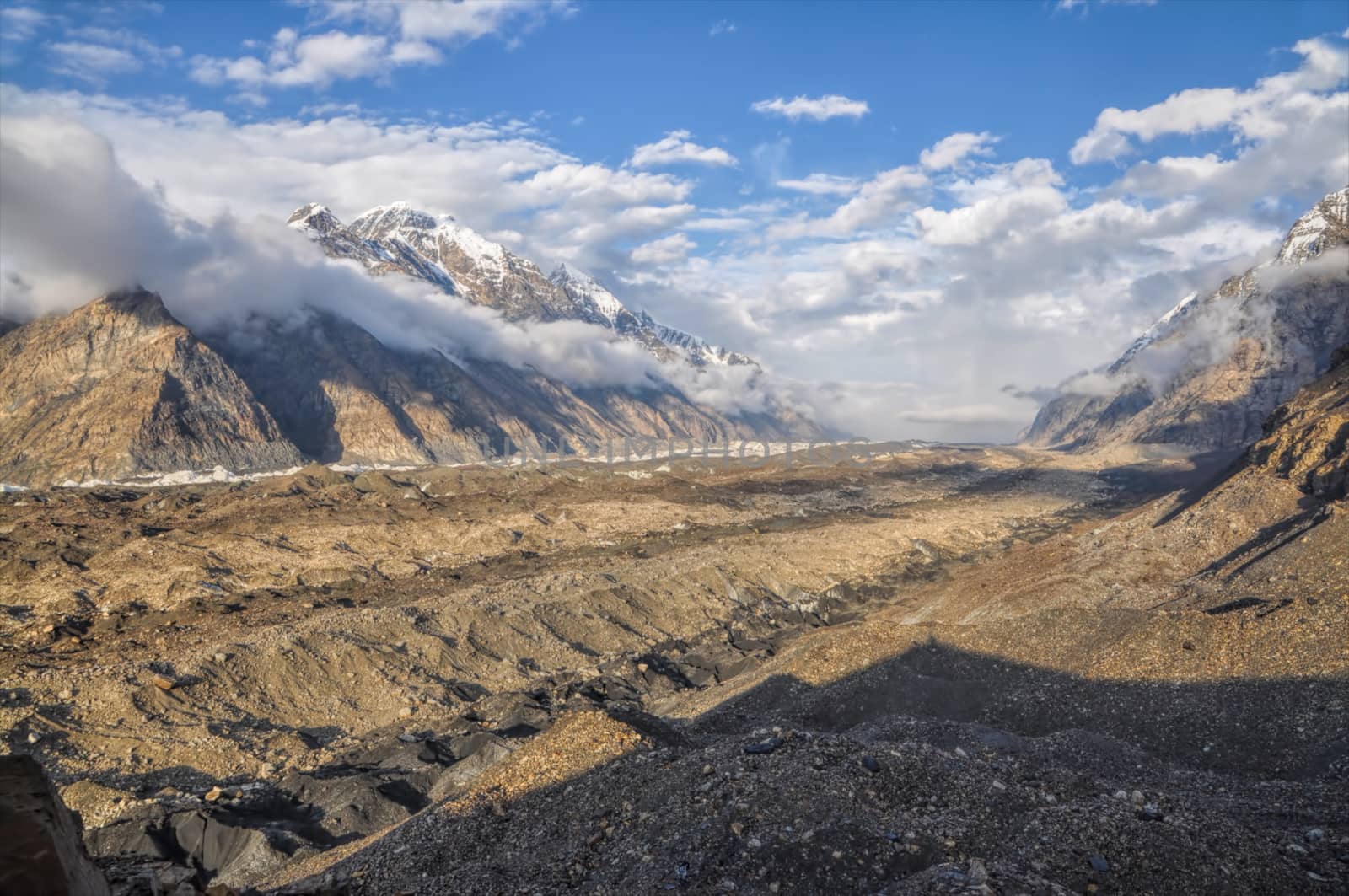 Scenic view of Engilchek glacier in Tian Shan mountain range in Kyrgyzstan