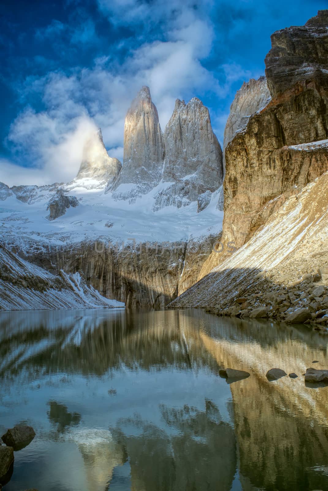 Amazing view of Torres del Paine in south American Andes                   