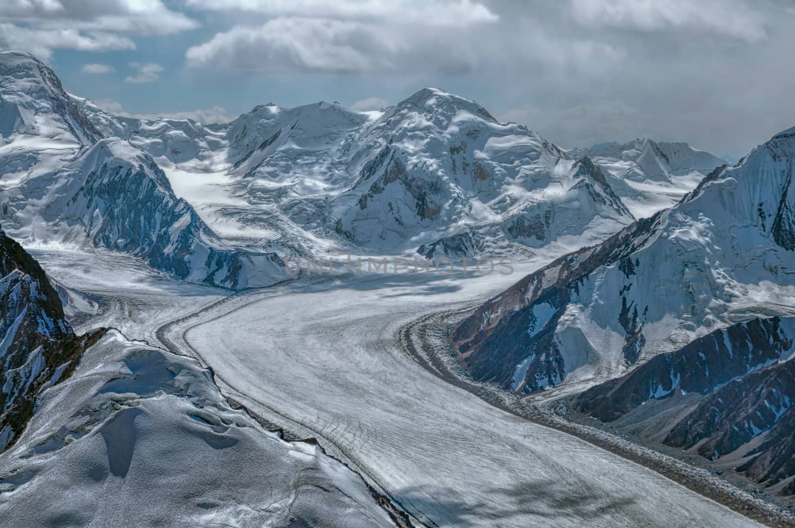 Scenic view of Fedchenko Glacier in Pamir mountains in Tajikistan