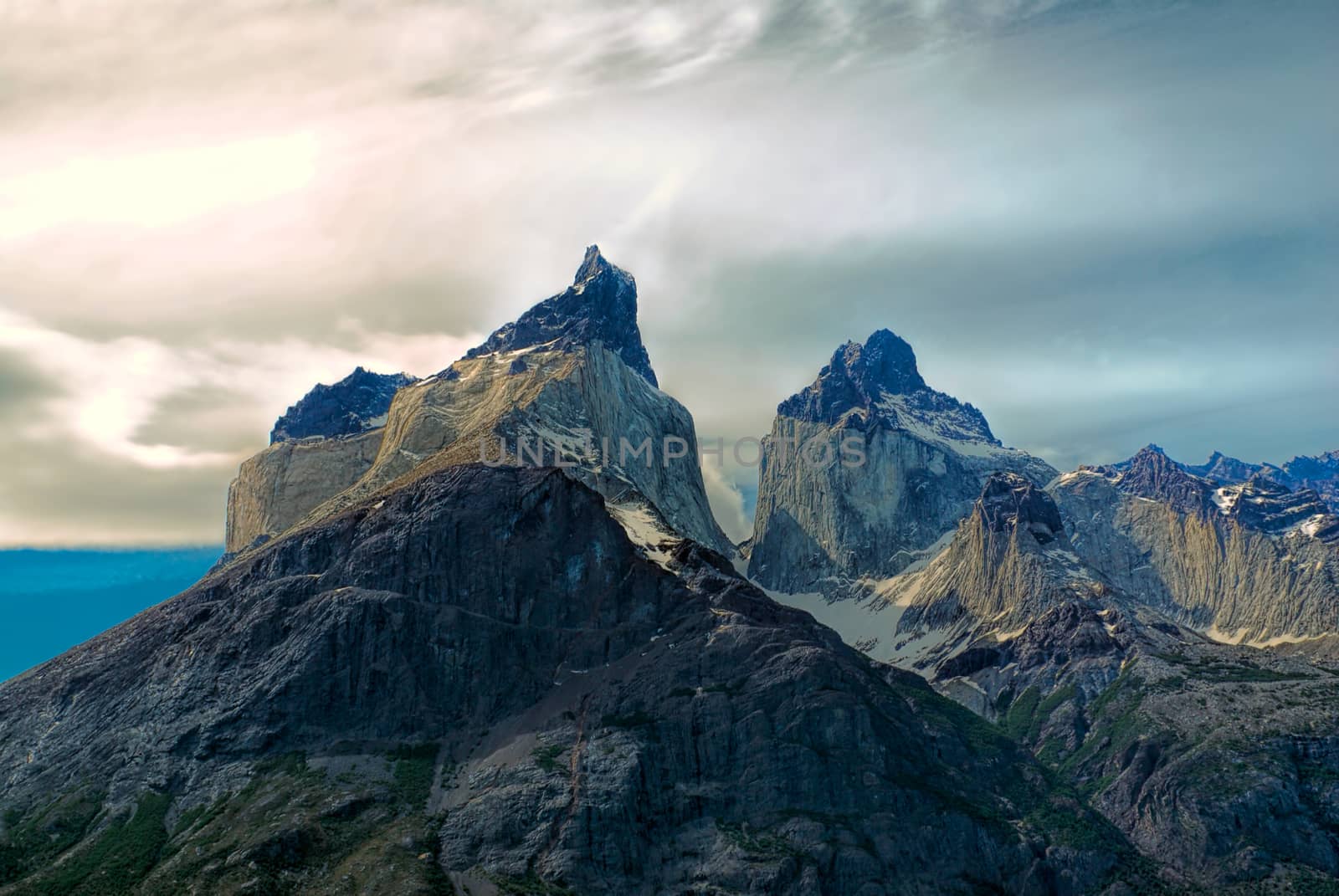 Dramatic peaks of Torres del Paine national park in south American Andes                   