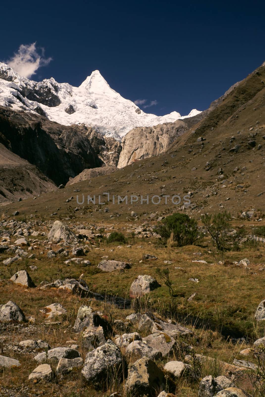 Picturesque valley between highest mountain peaks in Peruvian Andes, Cordillera Blanca