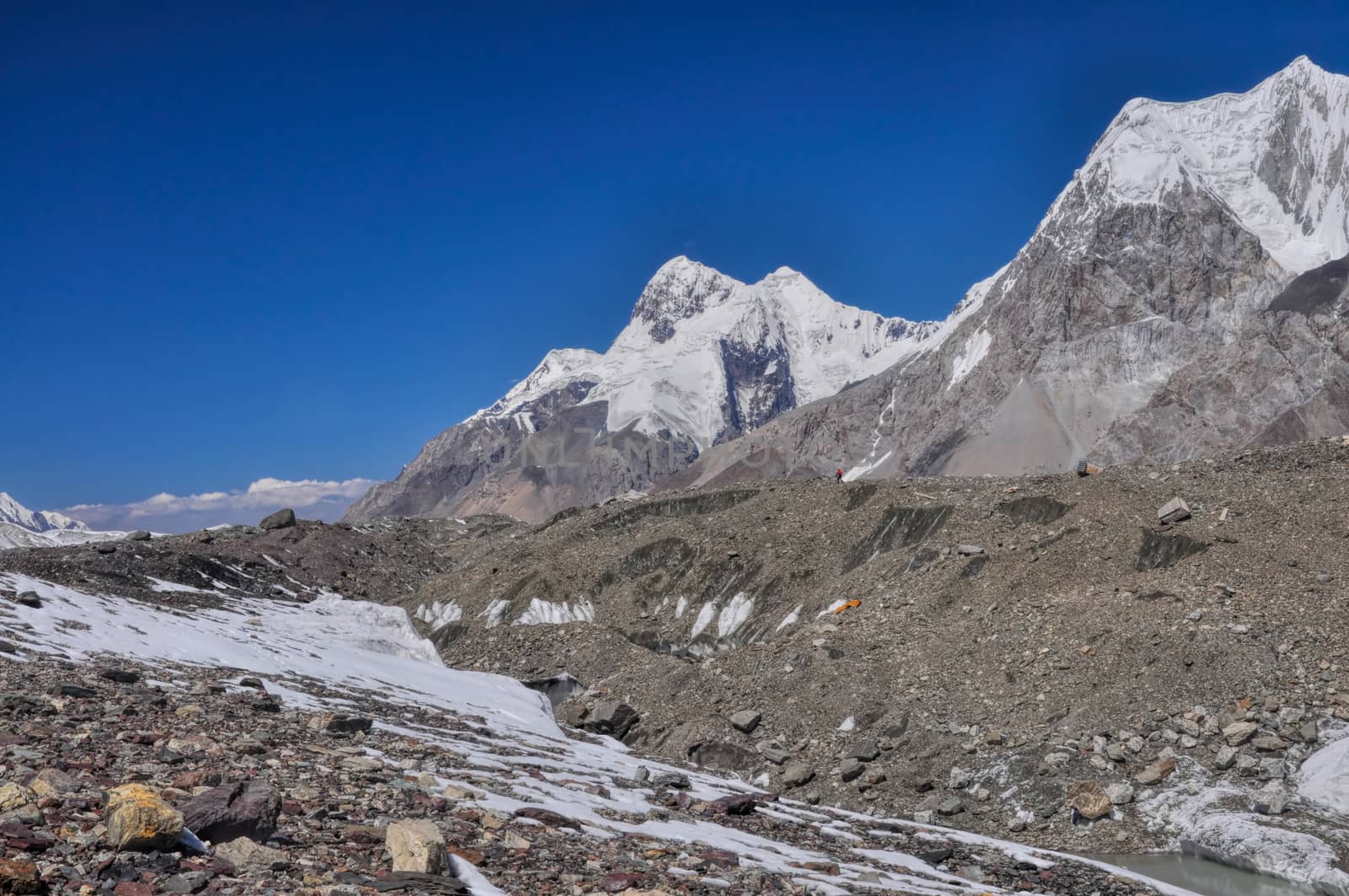 Scenic view of Engilchek glacier in Tian Shan mountain range in Kyrgyzstan