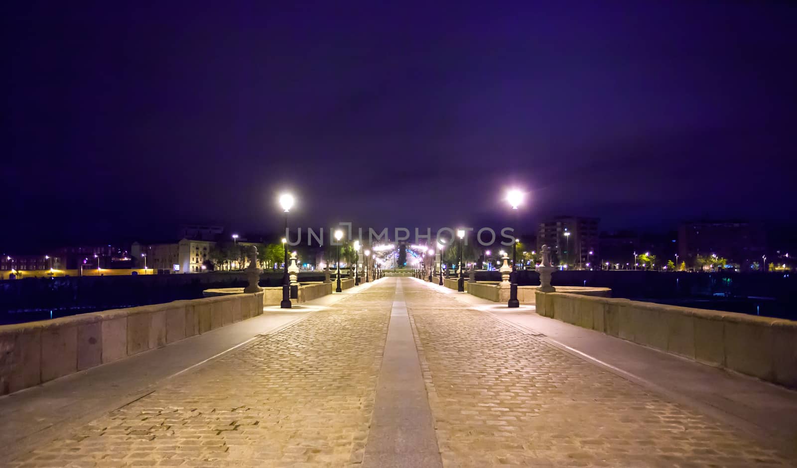 Madrid, Spain - May 8, 2012: Toledo Bridge over Manzanares River illuminated on a spring night, Madrid, Spain. It was built in XVII century.