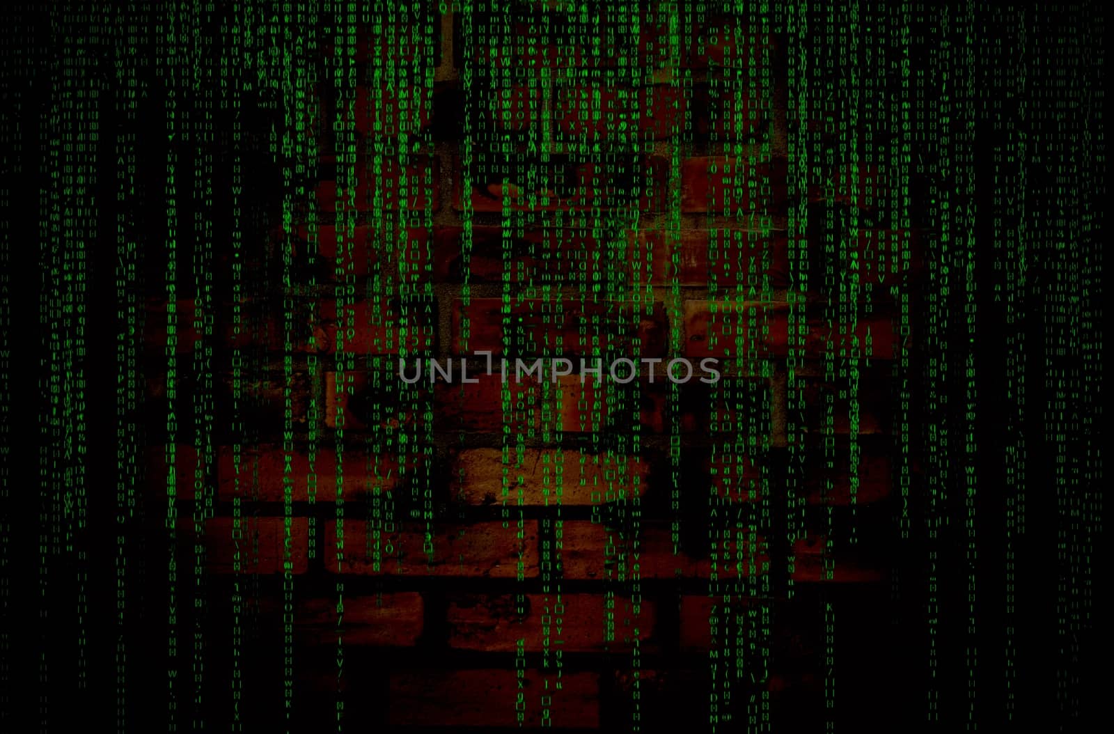 Green matrix on old grunge brick wall background, concept security on computer