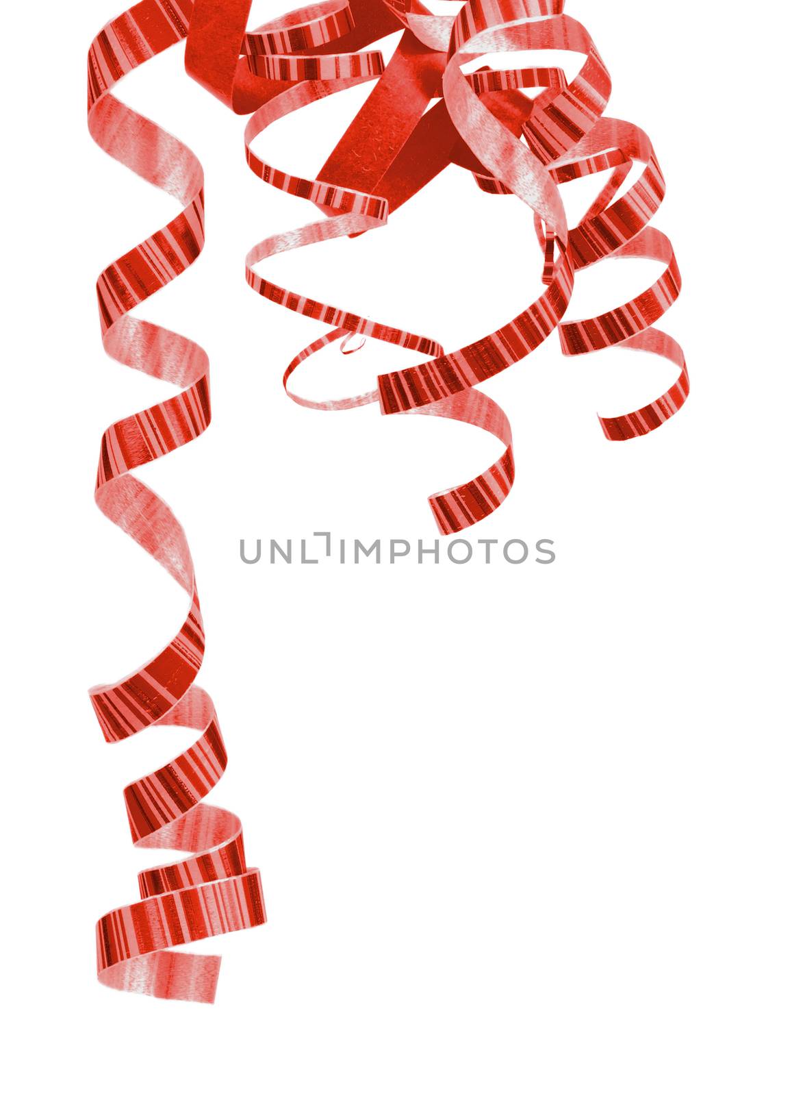 Corner of Striped Red Curly Hanging Down Party Streamers isolated on white background