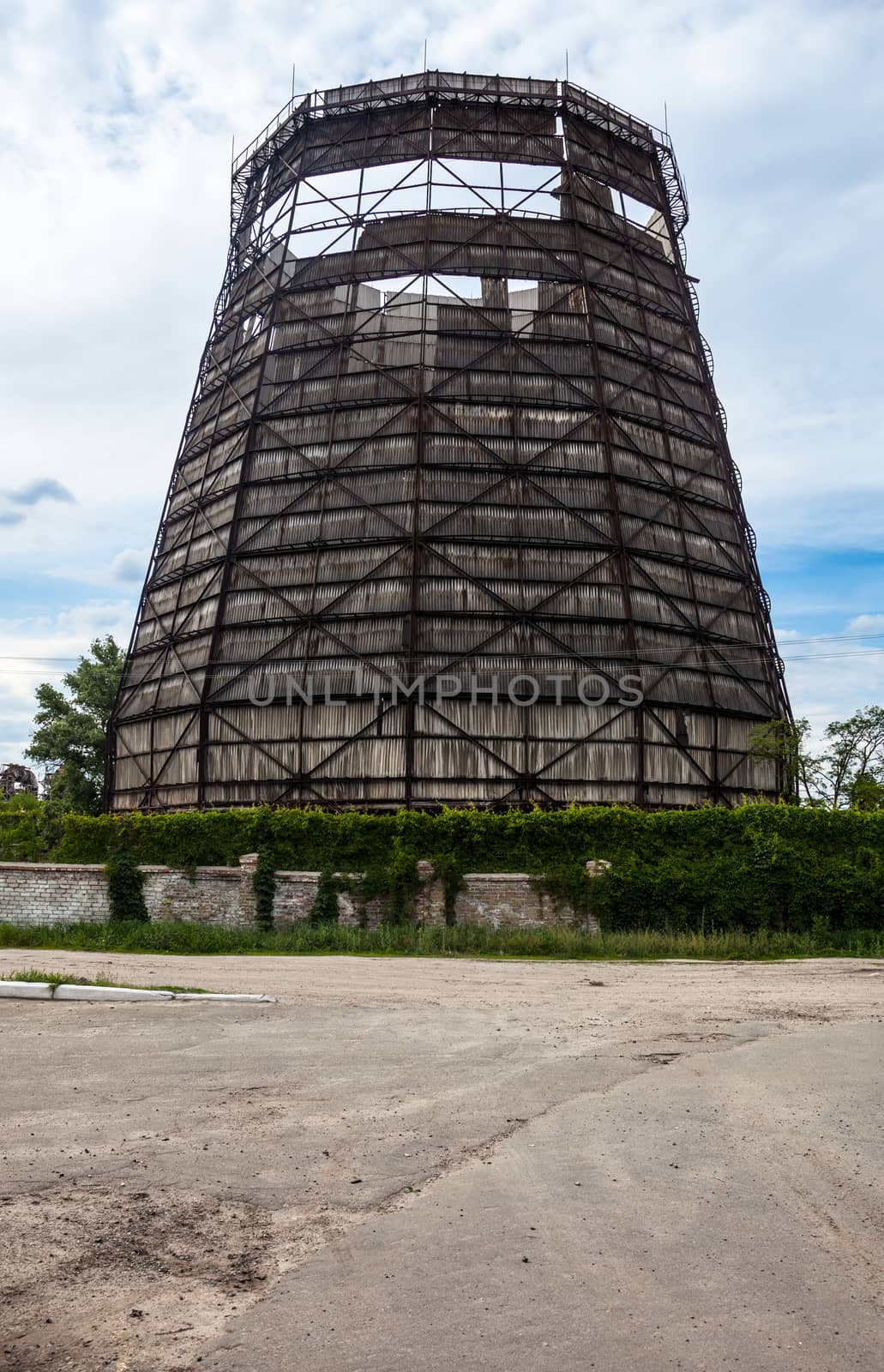 Old and damaged cooling tower of the cogeneration plant in Kyiv, Ukraine.