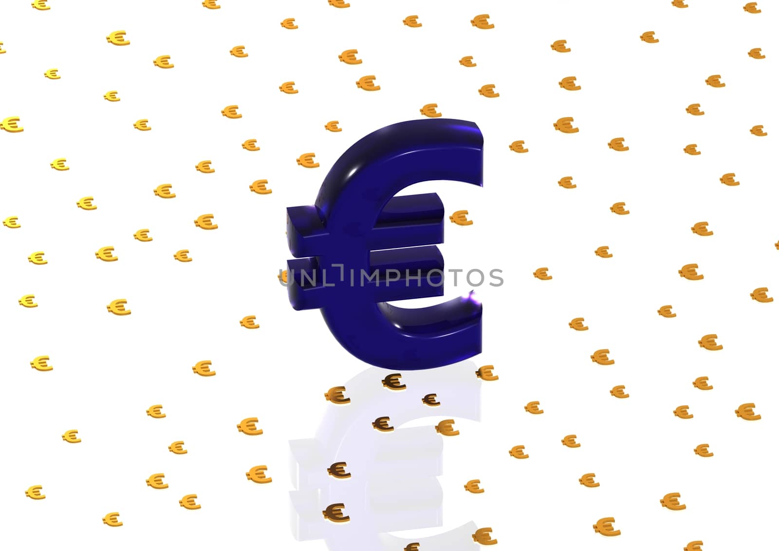 Big three-dimensional blue euro sign with reflection.