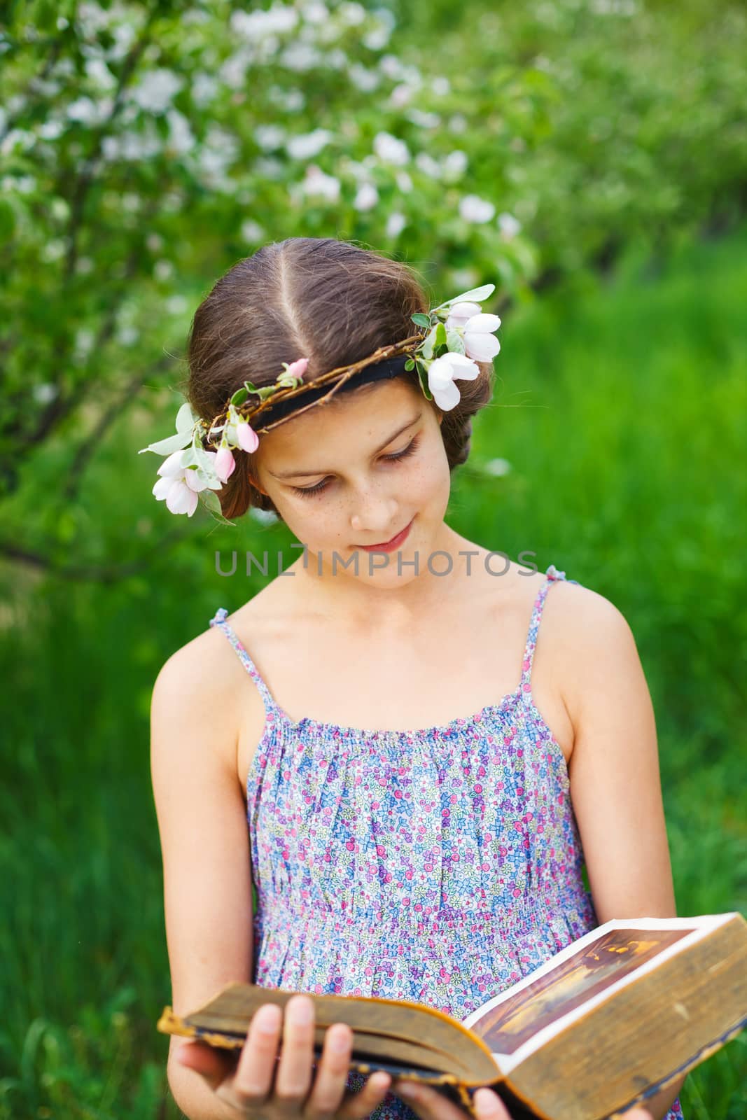 Adorable girl in blooming apple tree garden on spring day