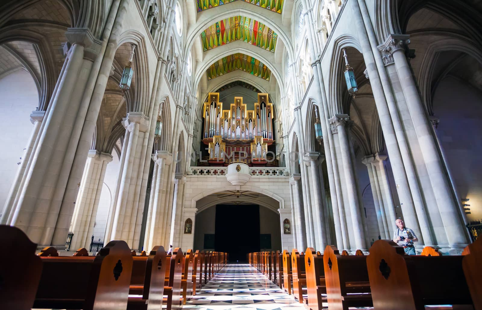 Madrid, Spain - May 6, 2012: Cathedral Almudena interior with view of the pipe organ on a sunny day in Madrid, Spain