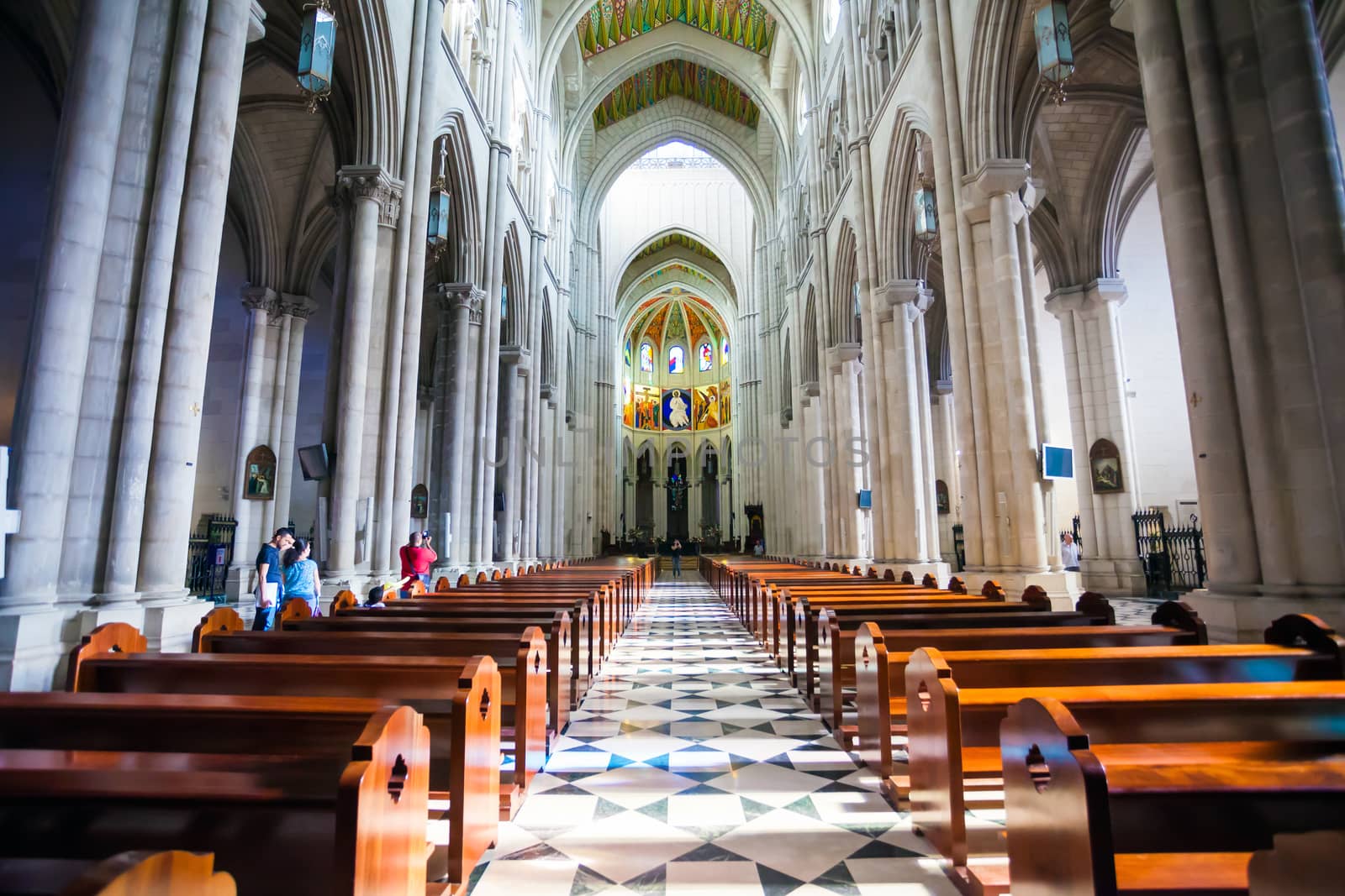 Madrid, Spain - May 6, 2012: Cathedral Almudena interior with view of the pipe organ on a sunny day in Madrid, Spain