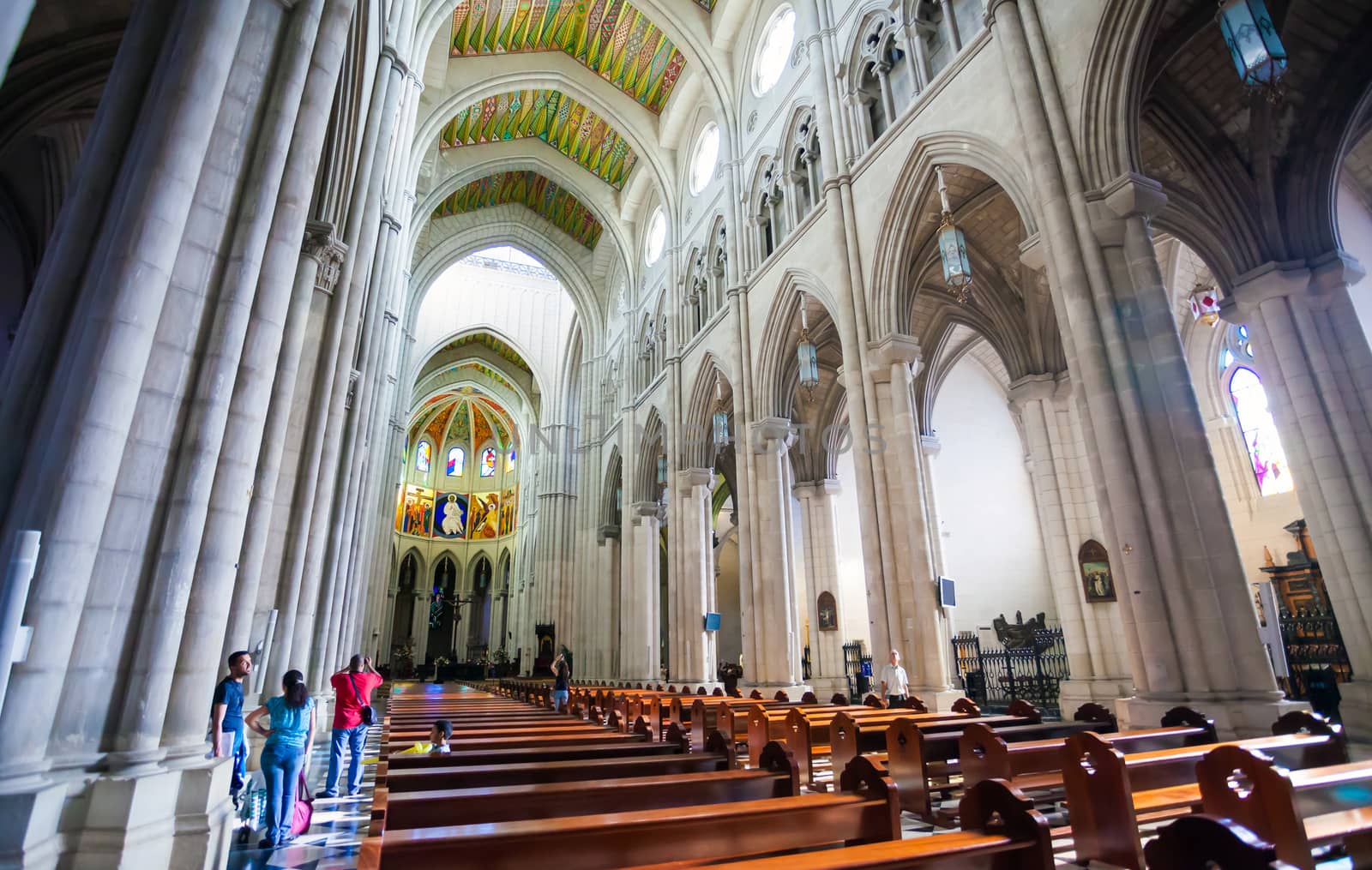 Madrid, Spain - May 6, 2012: Cathedral Almudena interior with view of the pipe organ on a sunny day in Madrid, Spain
