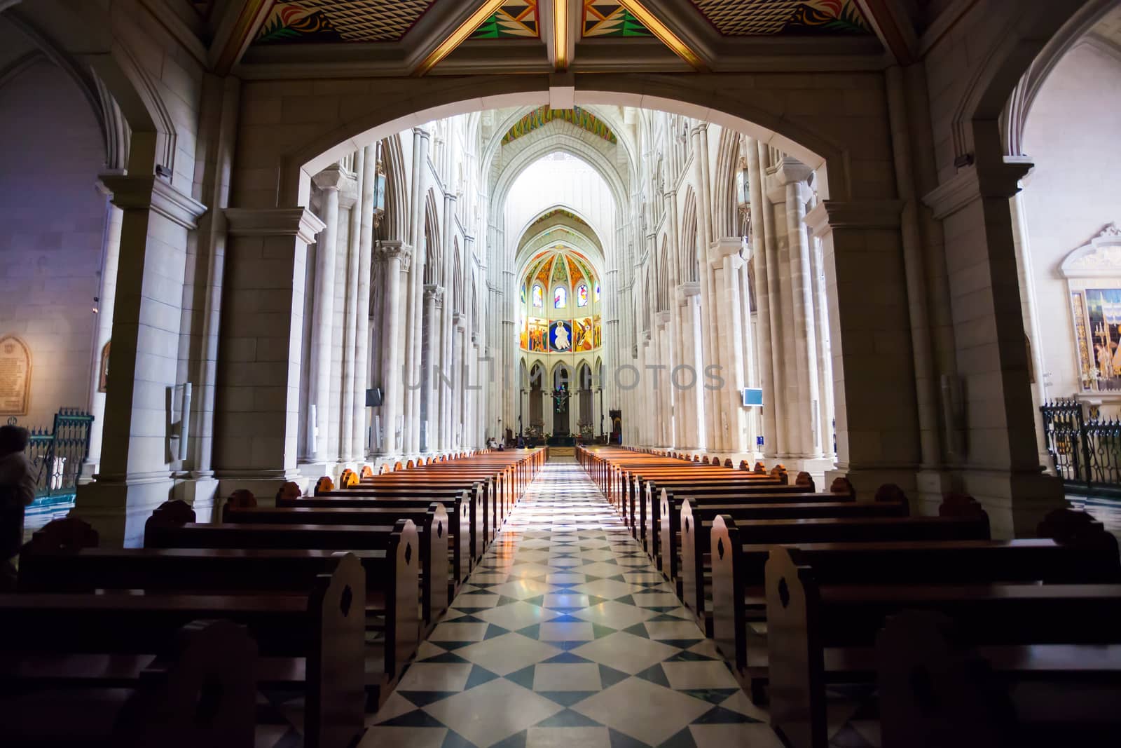 Madrid, Spain - May 6, 2012: Cathedral Almudena interior with view of the pipe organ on a sunny day in Madrid, Spain