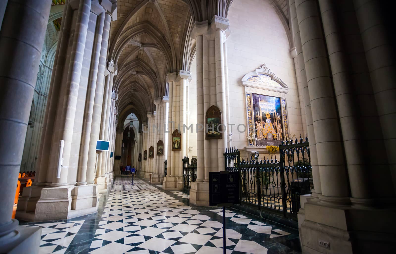 Madrid, Spain - May 6, 2012: Cathedral Almudena interior with view of the pipe organ on a sunny day in Madrid, Spain