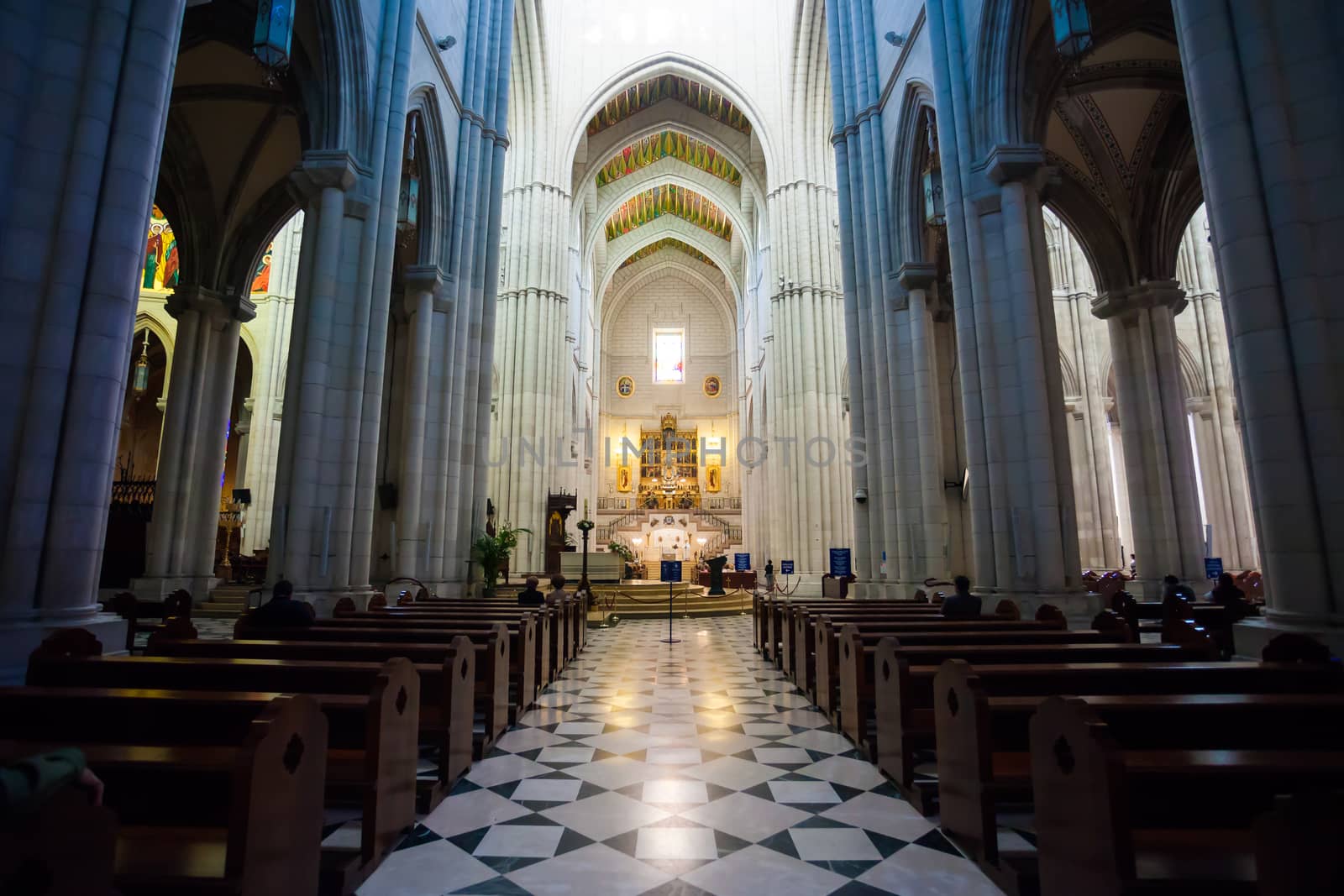 Madrid, Spain - May 6, 2012: Cathedral Almudena interior with view of the pipe organ on a sunny day in Madrid, Spain