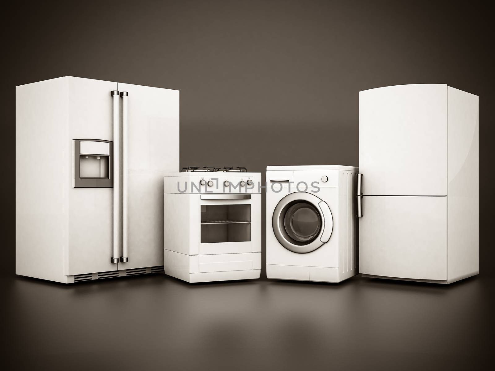 picture of household appliances on a gray background. black and white