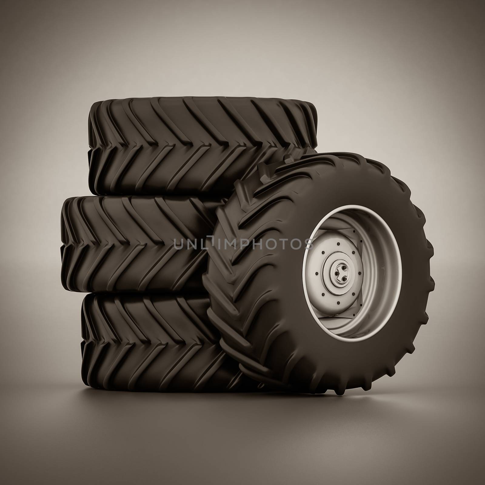 Tractor wheel isolated on gray background. black and white