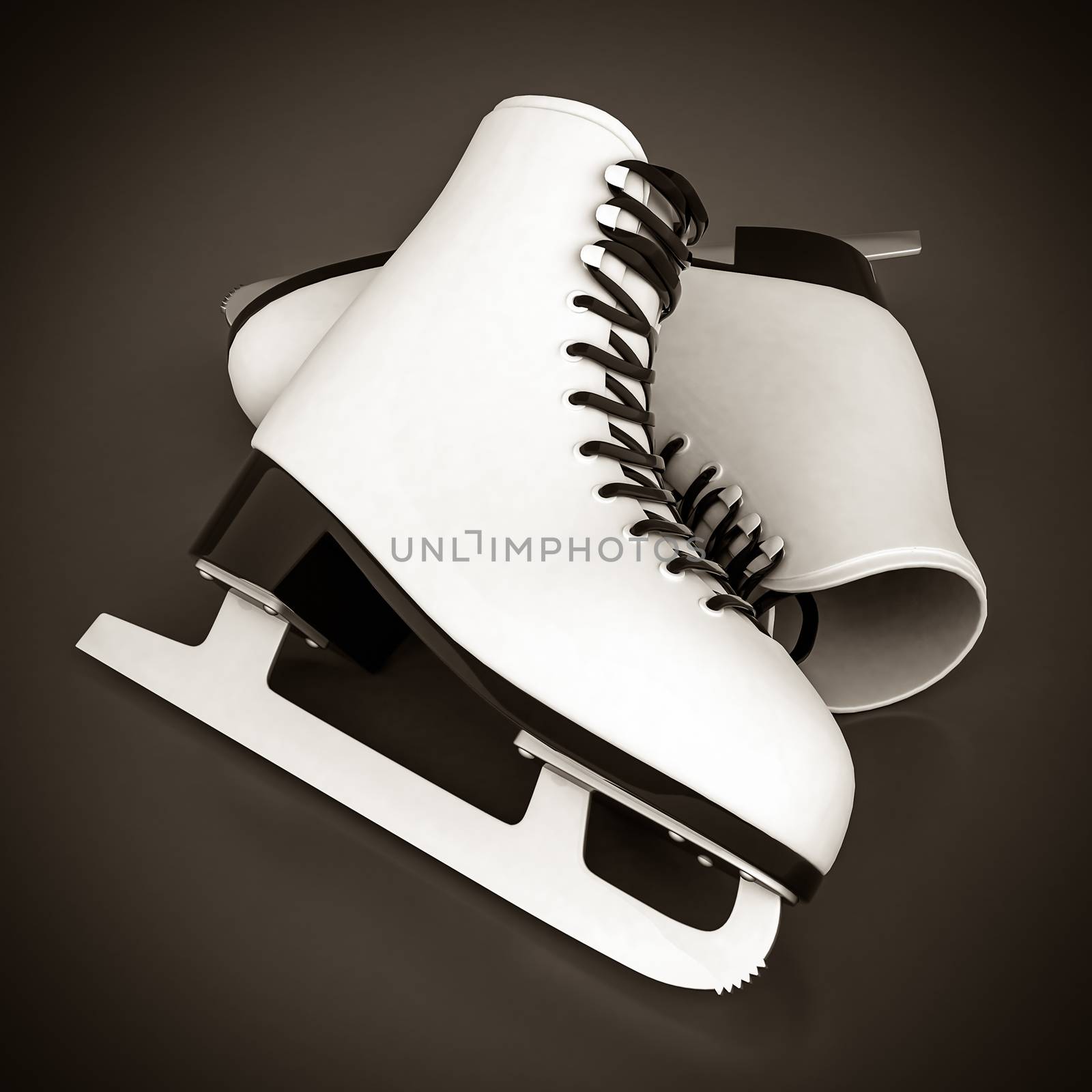 skates for figure skating on a gray background. black and white