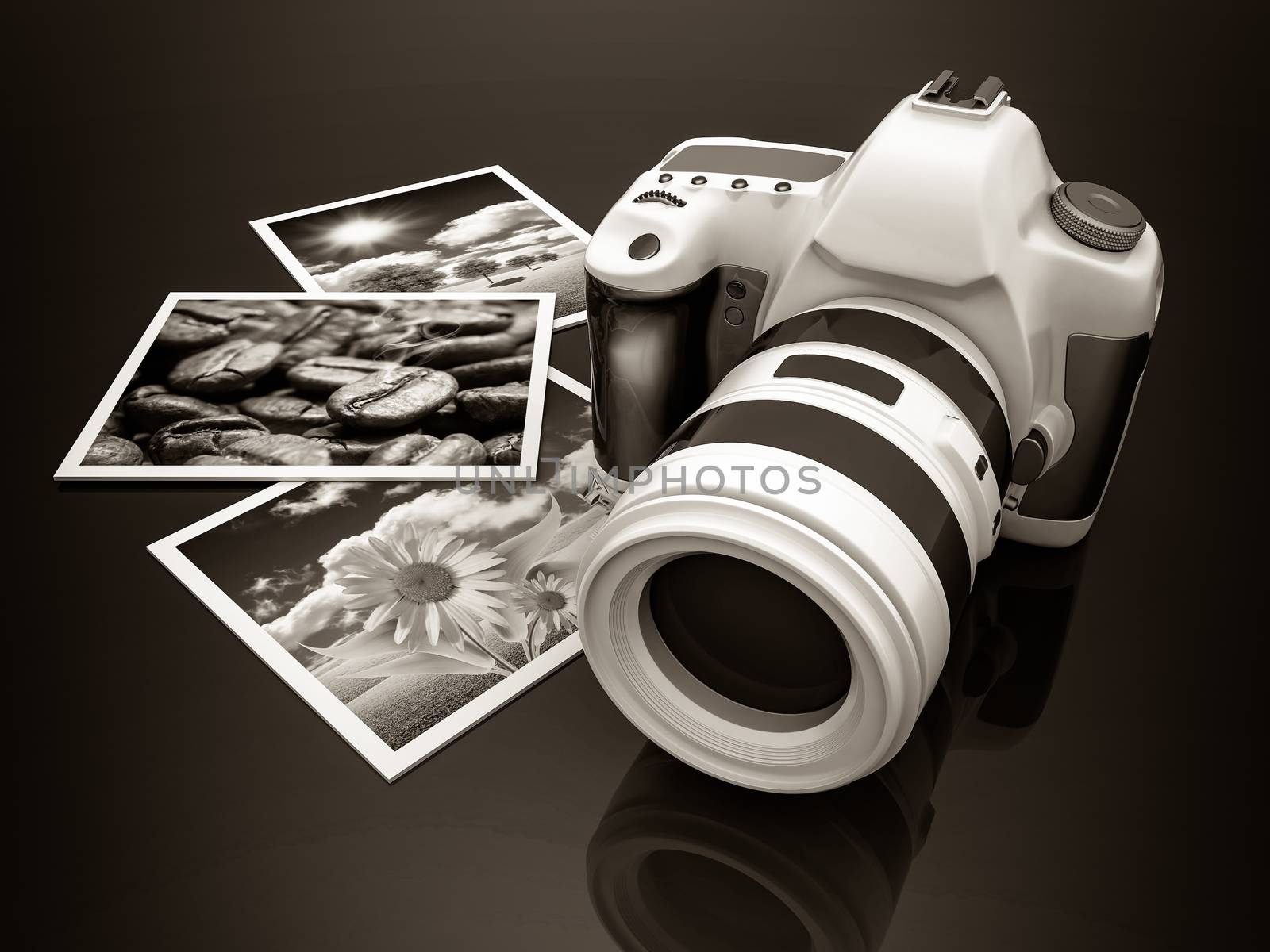 Digital camera image on gray background. black and white