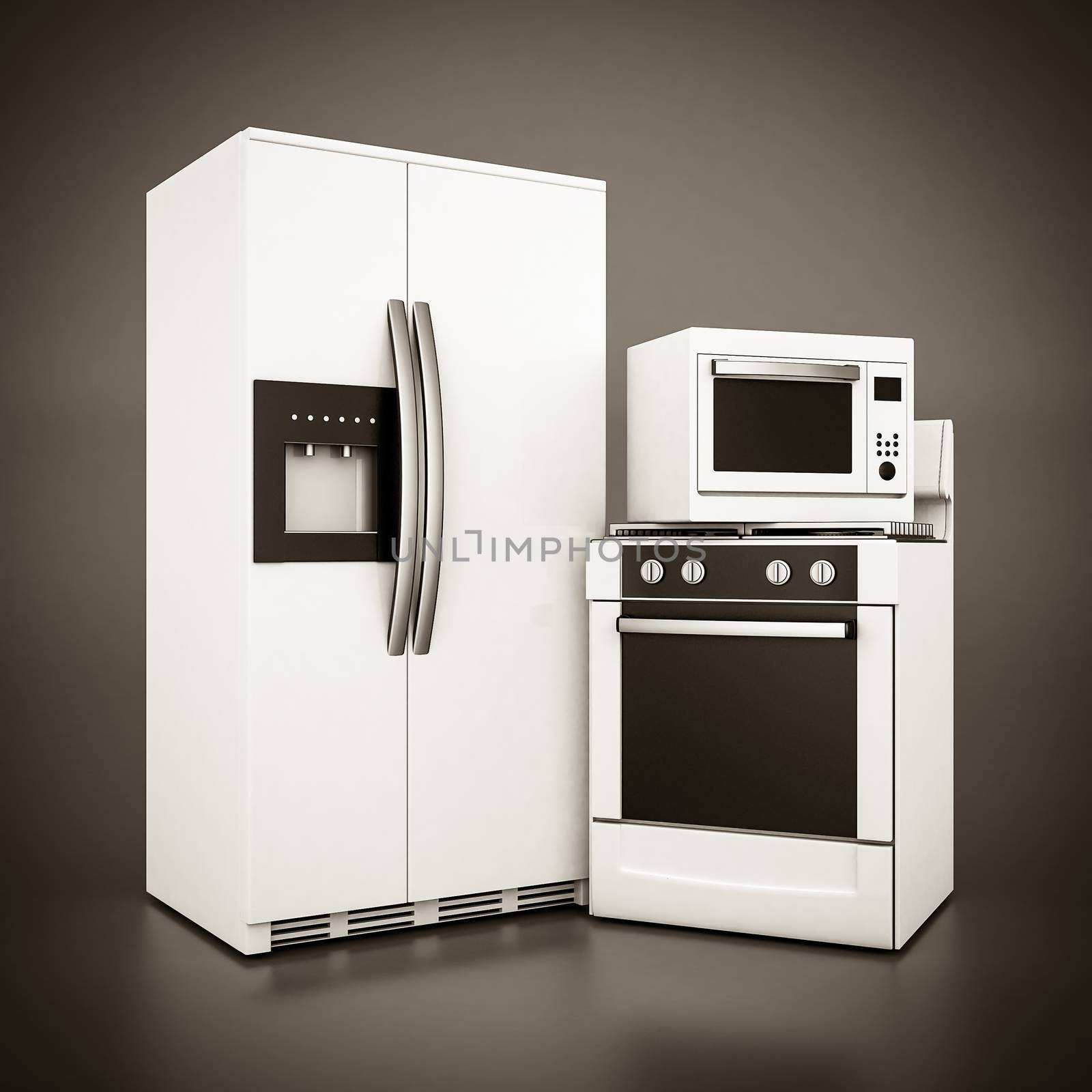 picture of household appliances on a gray background. black and white