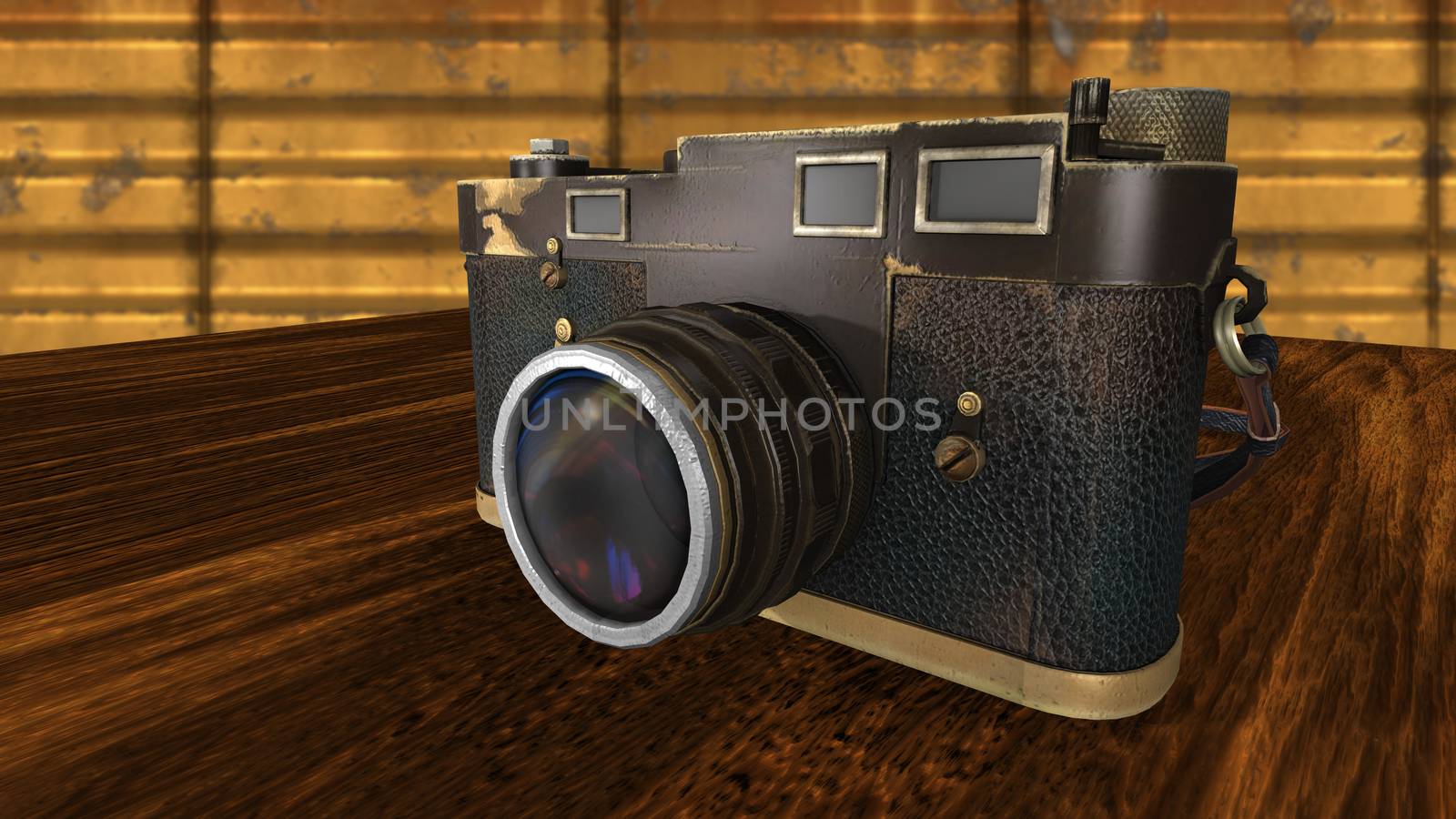 Vintage photo camera on a brown wooden table