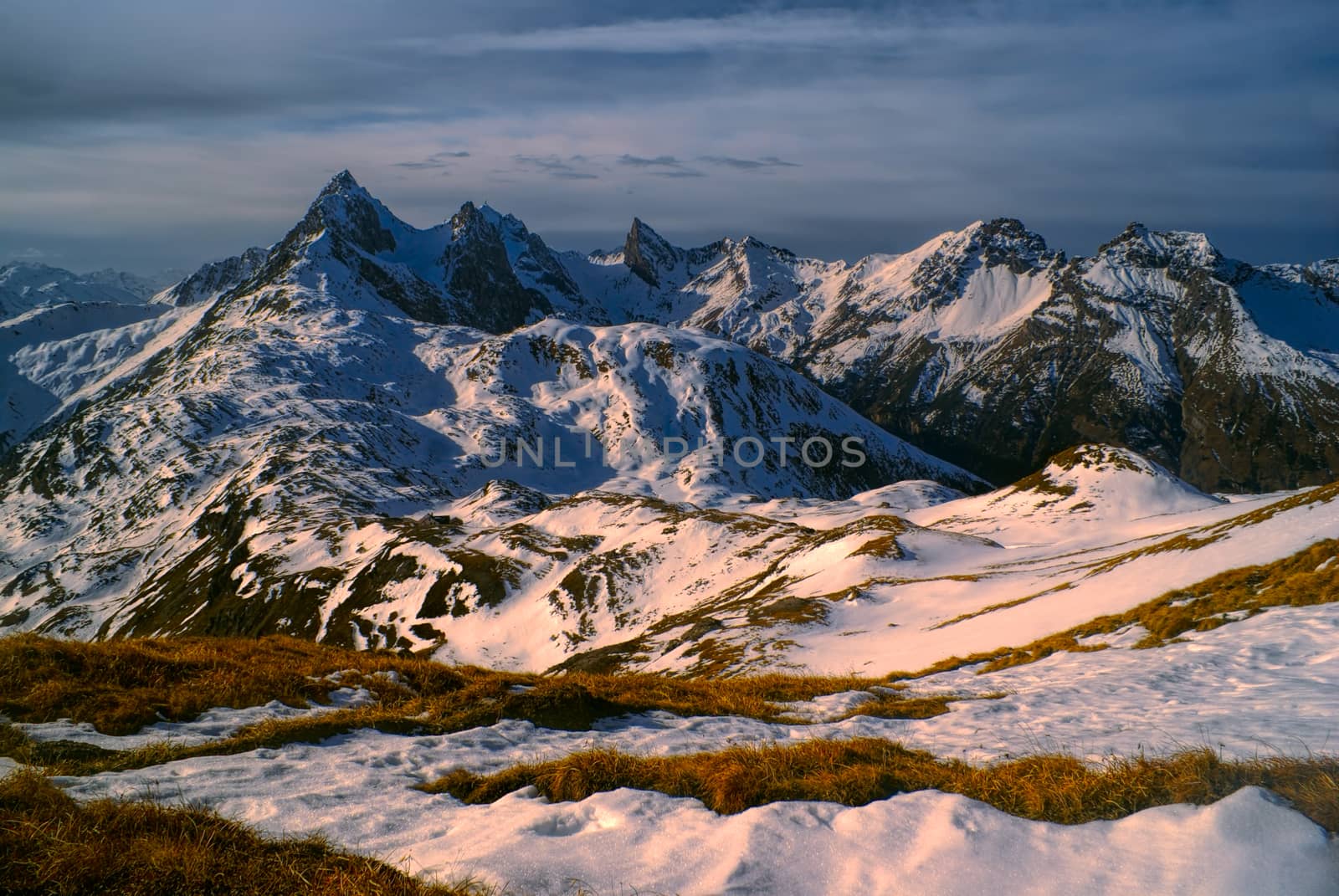 Picturesque mountain peaks around Leutkircher Hutte in Tirol Alps in Austria