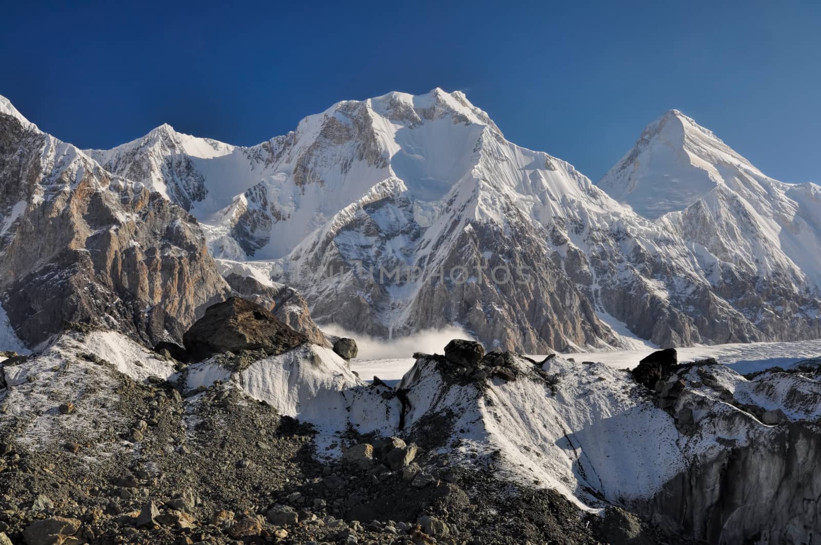 Scenic view of Engilchek glacier in Tian Shan mountain range in Kyrgyzstan