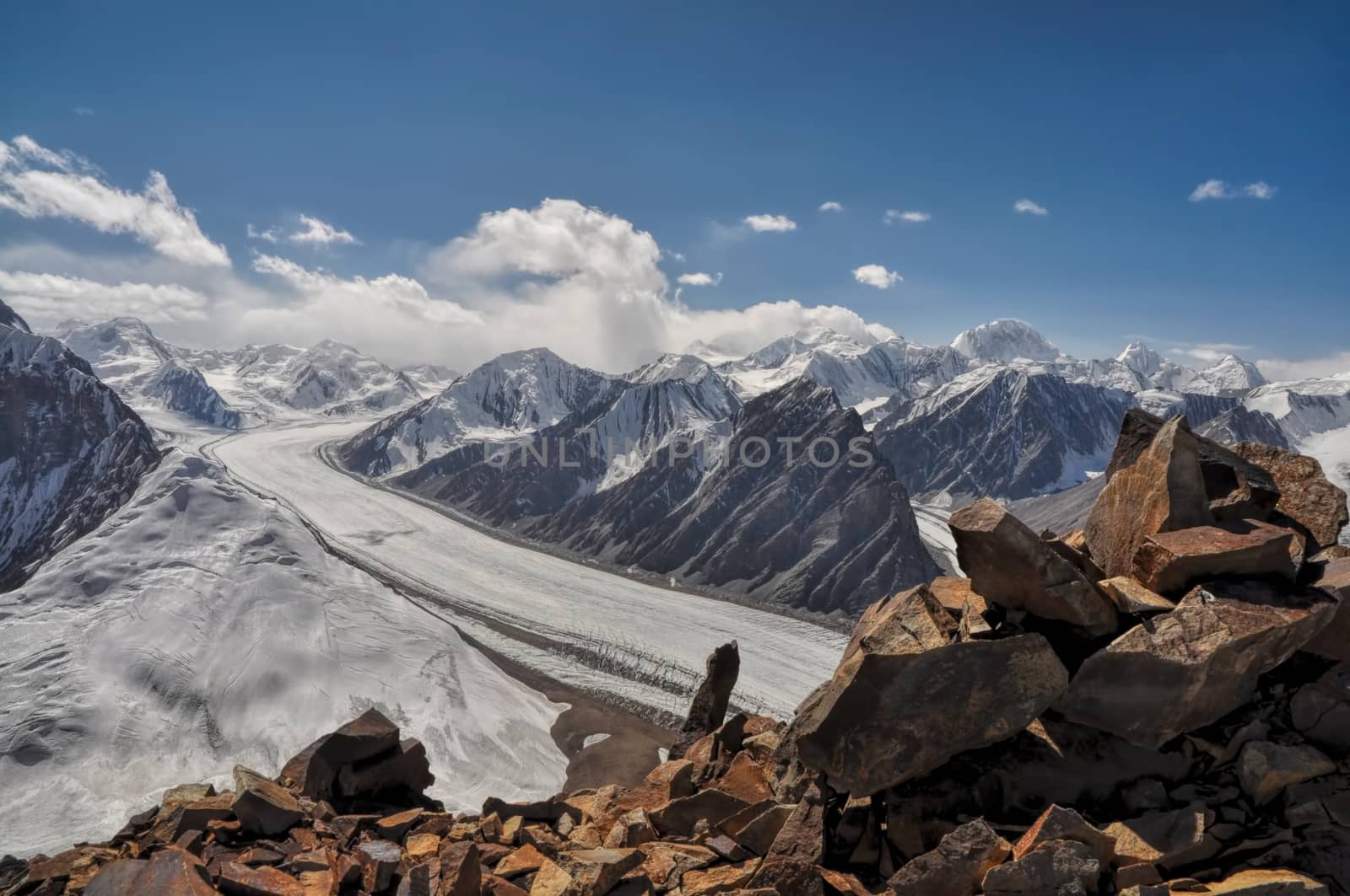 Picturesque view of magnificent Fedchenko Glacier in Pamir mountains in Tajikistan