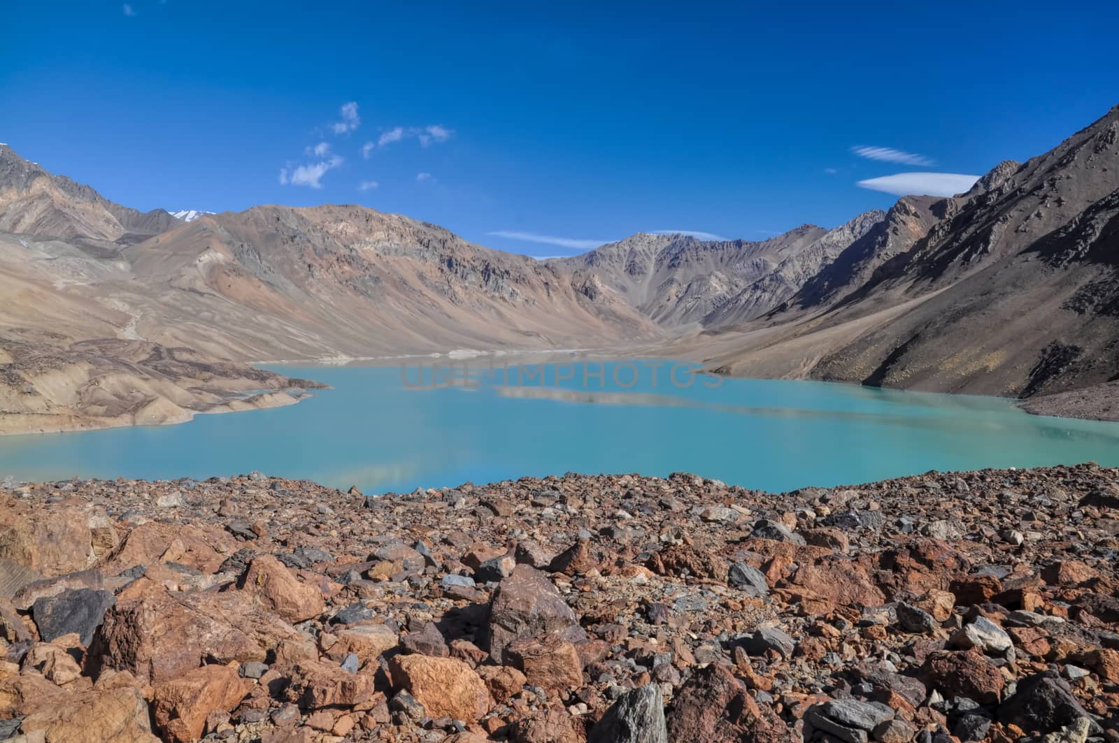 Scenic lake in rocky valley in Pamir mountains in Tajikistan