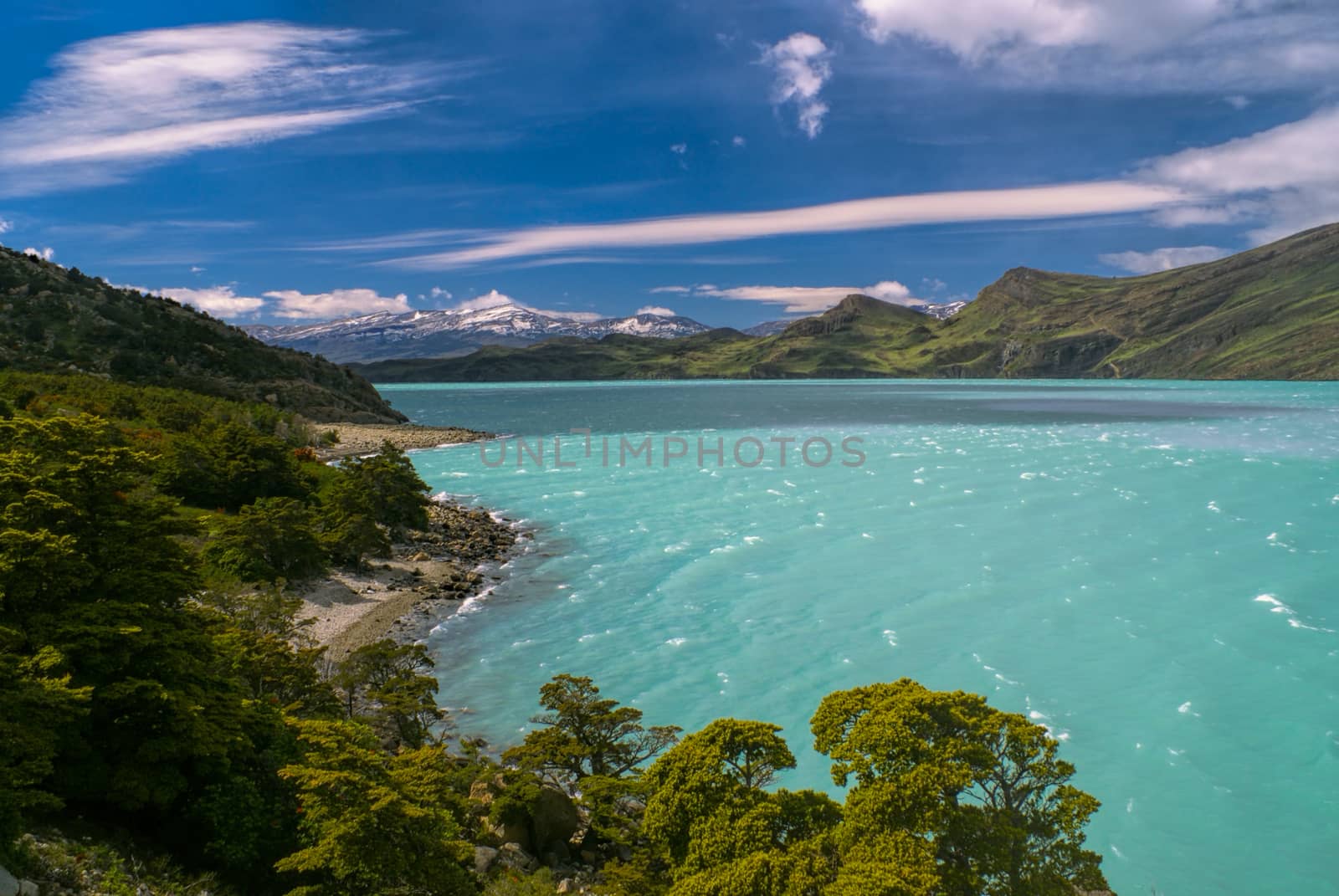 Scenic view of lake in Torres del Paine in south American Andes                   