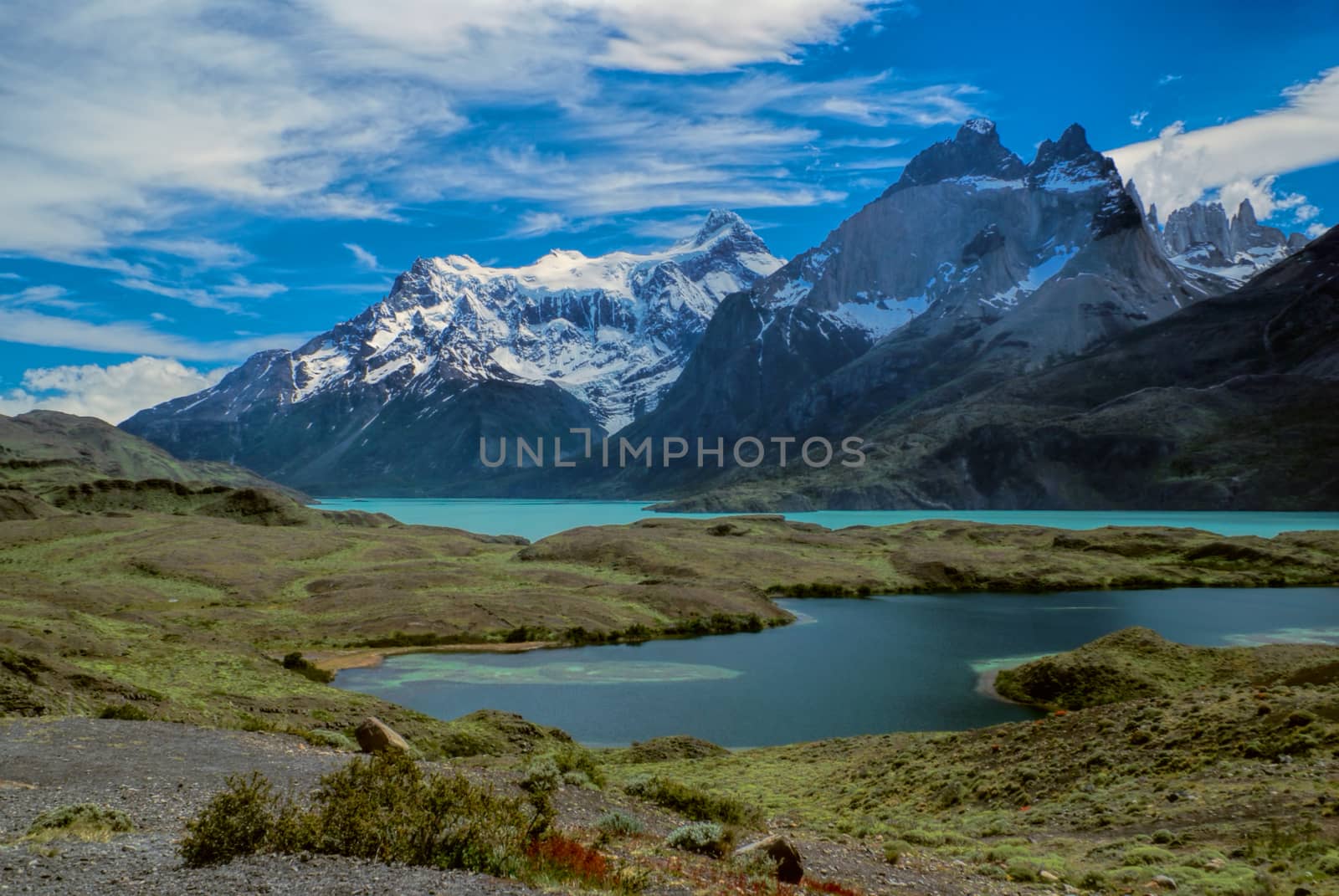 Scenic view of lake in Torres del Paine in south American Andes                   