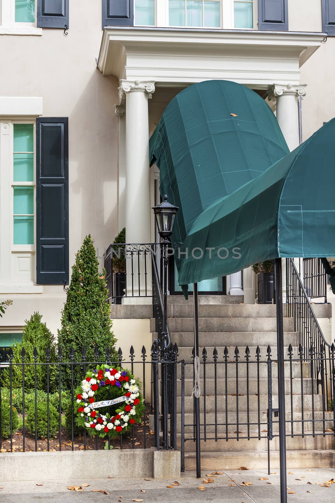 Blair House Building Second White House, Washington DC.  Presidents-elect before inauguration live in the Blair House across from the White House.  Site of Assasination attempt on President Truman Wreath is for Leslie Coffelt, Washington DC Officer killed in assasination attempt.