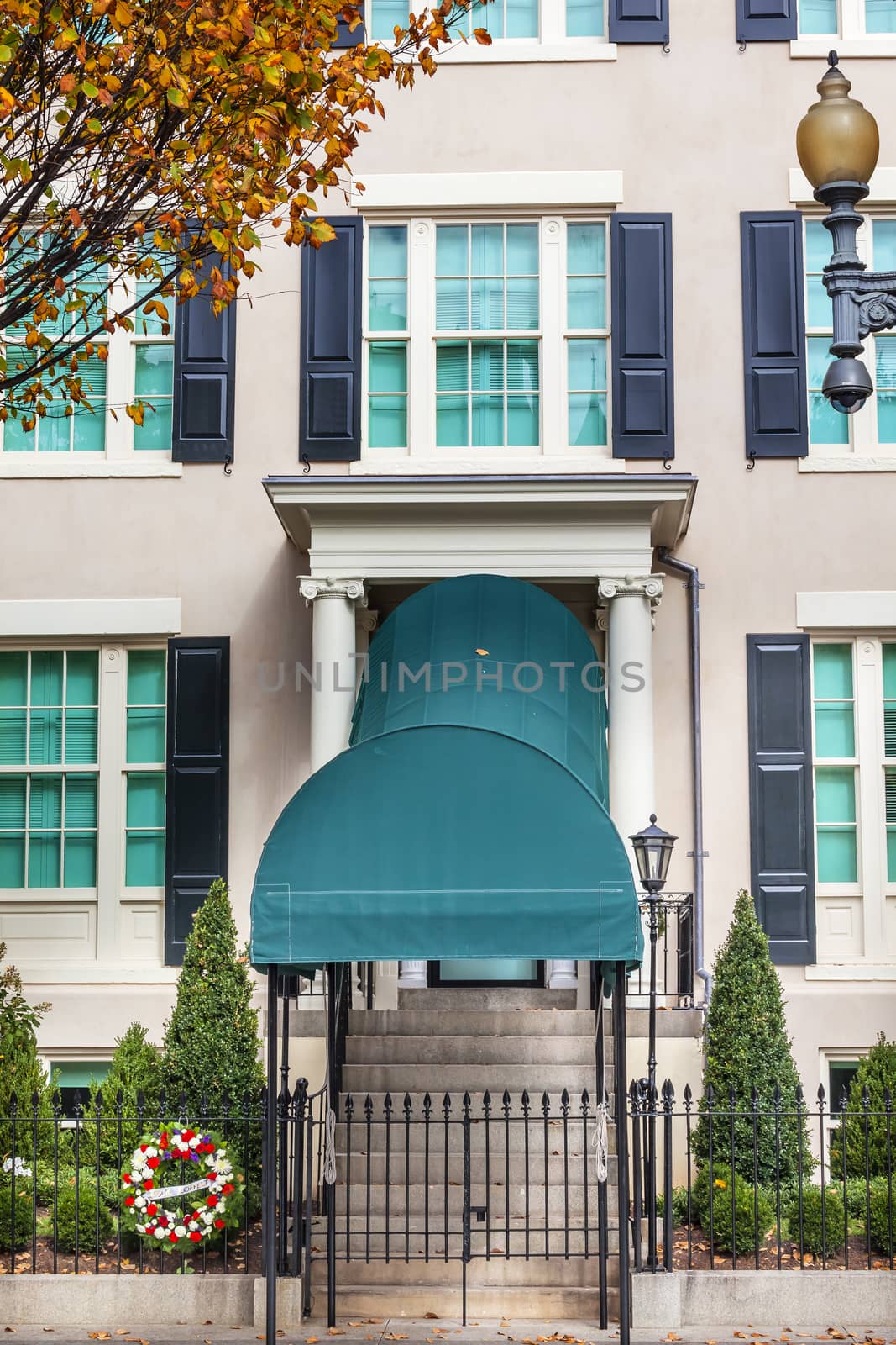 Blair House Building Second White House, Washington DC.  Presidents-elect before inauguration live in the Blair House across from the White House.  Site of Assasination attempt on President Truman Wreath is for Leslie Coffelt, Washington DC Officer killed in assasination attempt.