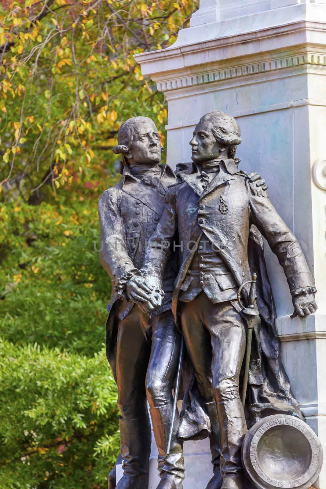 General Marquis de Lafayette Statue Lafayette Park Autumn Washington DC. In American Revolution General Lafayette was an officer in the American Revolution and personal friend of General Washington.  Statue was dedicated in 1891 as a reaffirmation of French American relations.  Artist Sculptor Jean Falguiere.