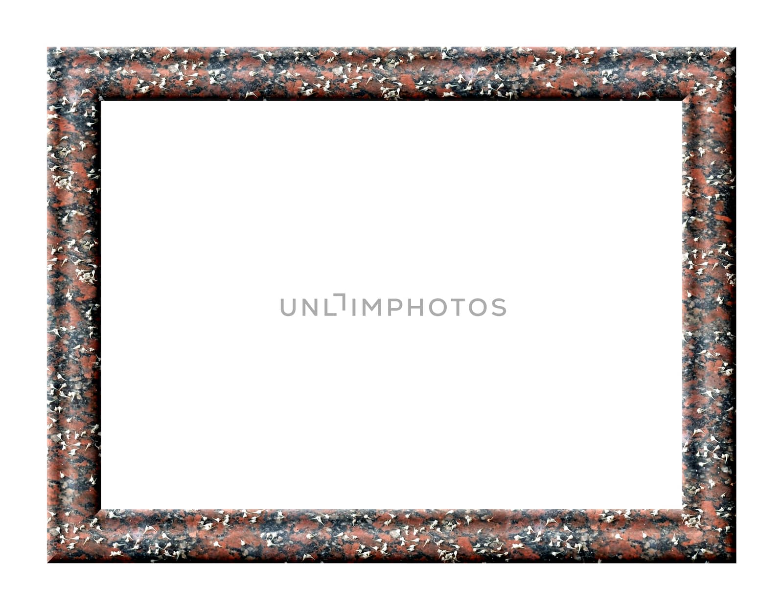 Rectangular frame with empty red granite texture with fallen white flowers on its surface on a white background