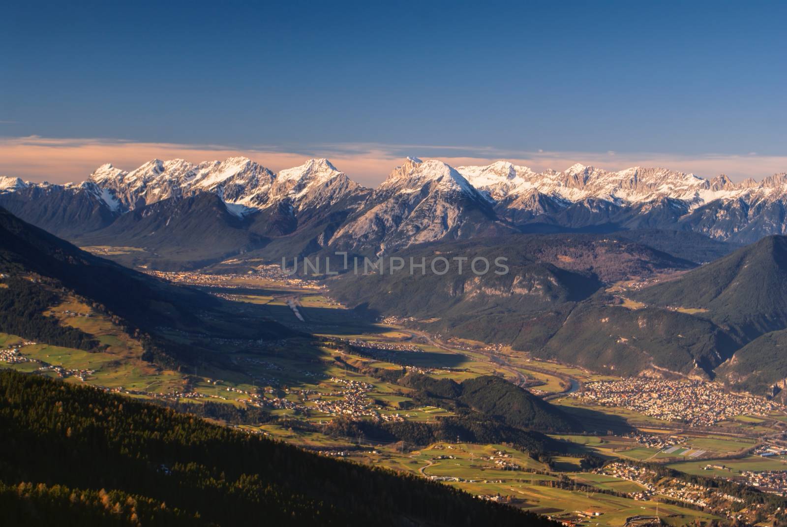 Scenic panorama of valley in Tirol Alps near Innsbruck