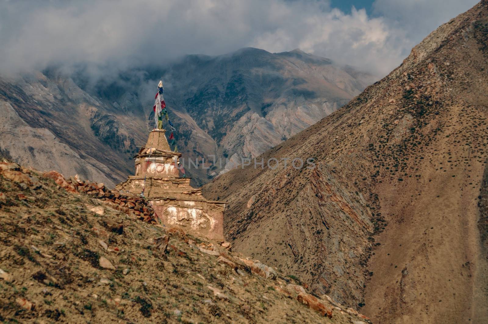 Old shrine in scenic Himalayas mountains in Nepal