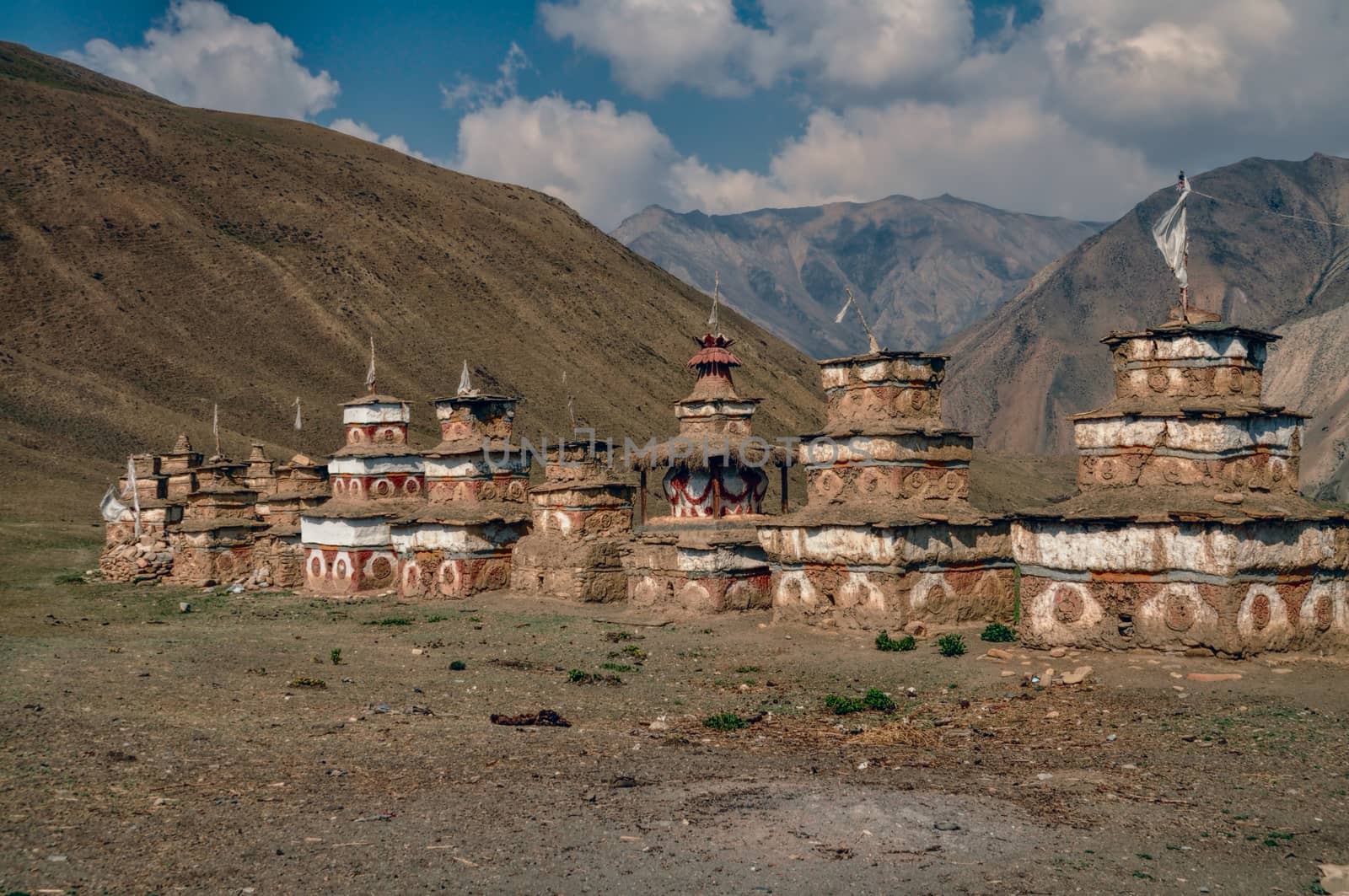 Scenic old shrines in Himalayas mountains in Nepal