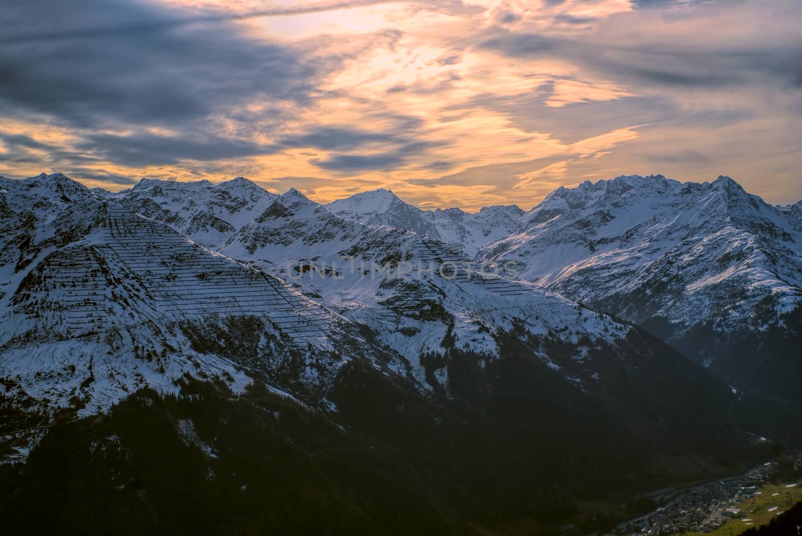 Picturesque view from Leutkircher Hutte in Tirol Alps in Austria