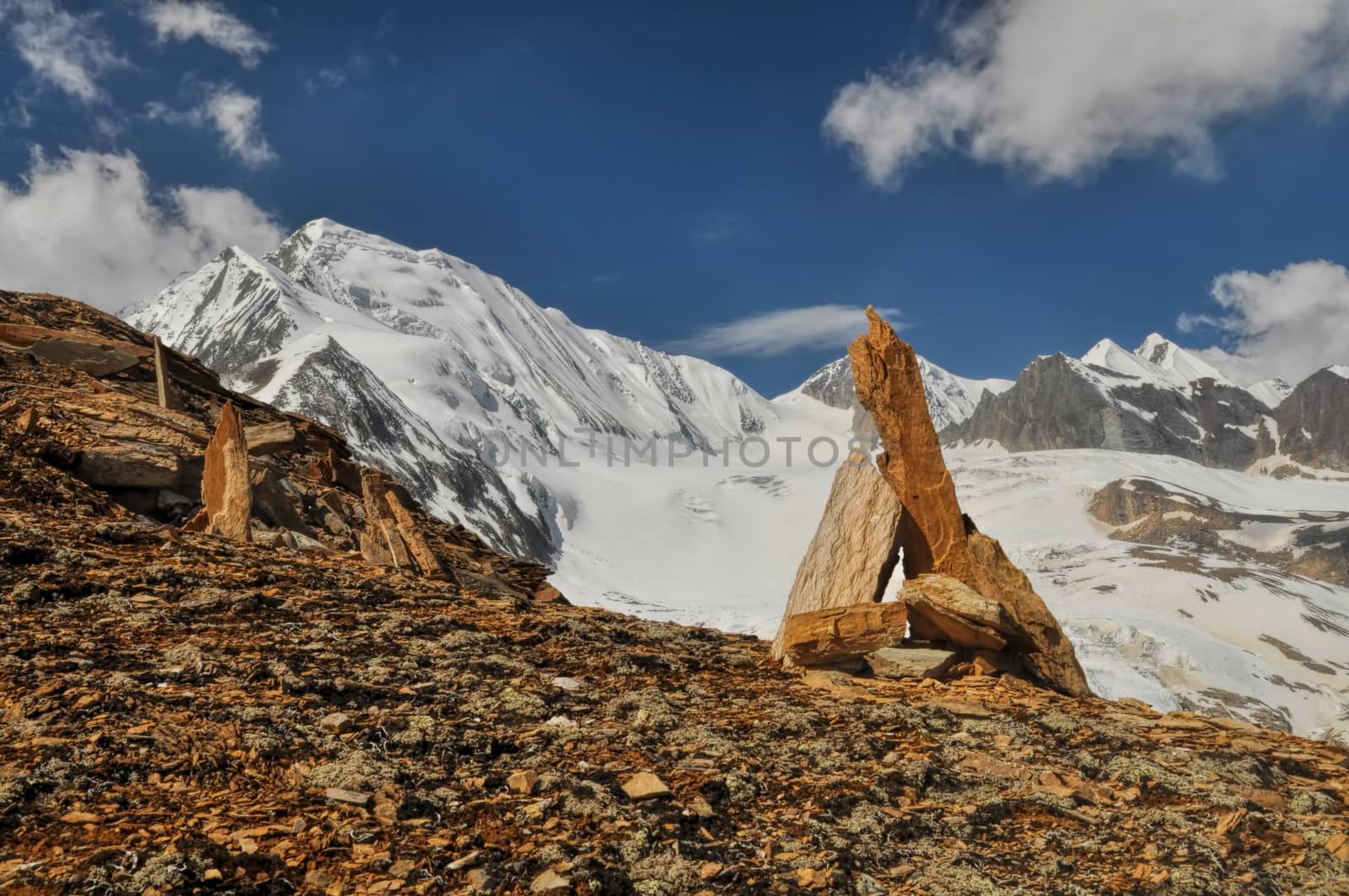 Scenic view of stone piles in Himalayas mountains in Nepal