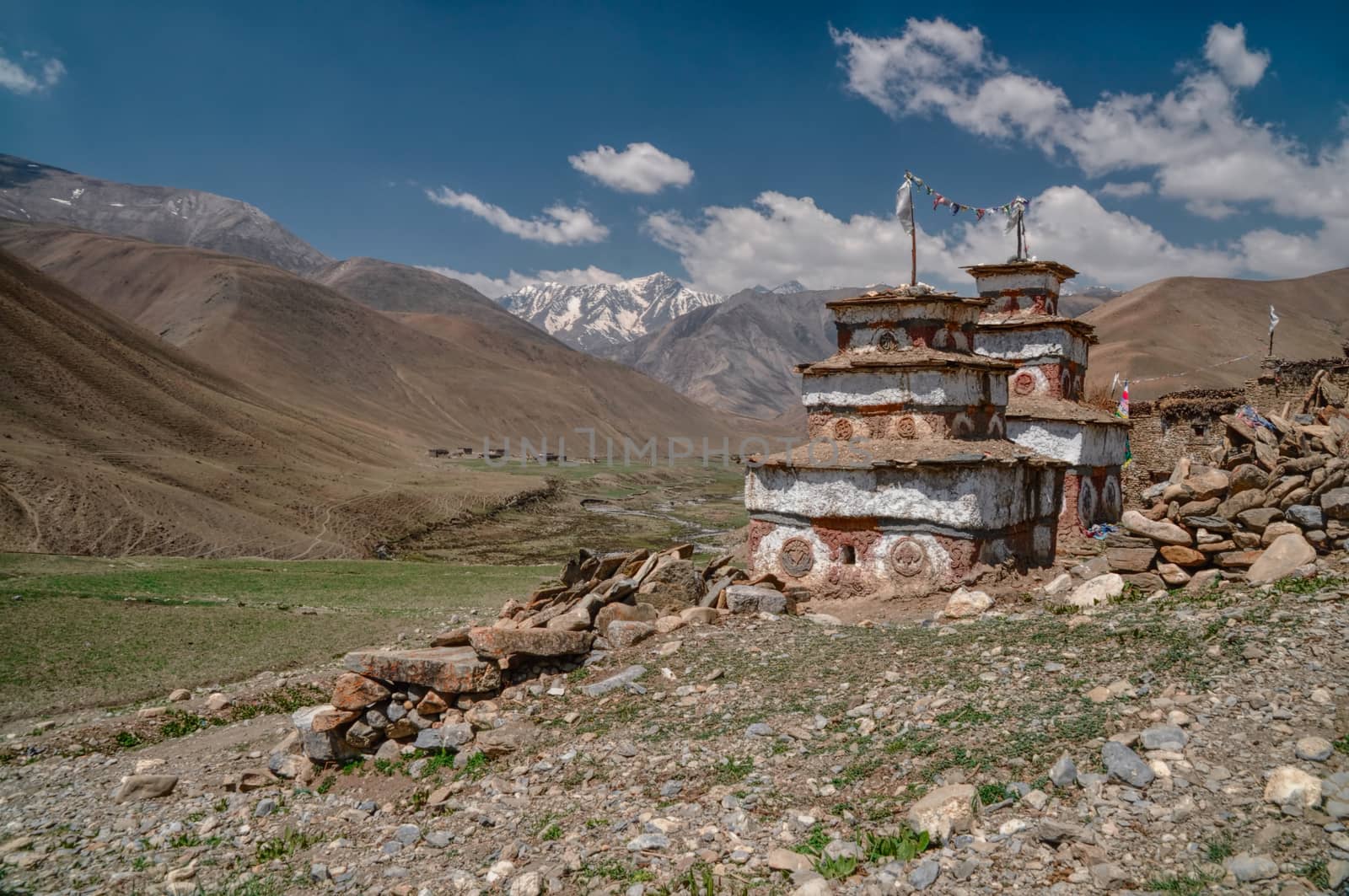 Picturesque valley with old buddhist shrines in Himalayas mountains in Nepal