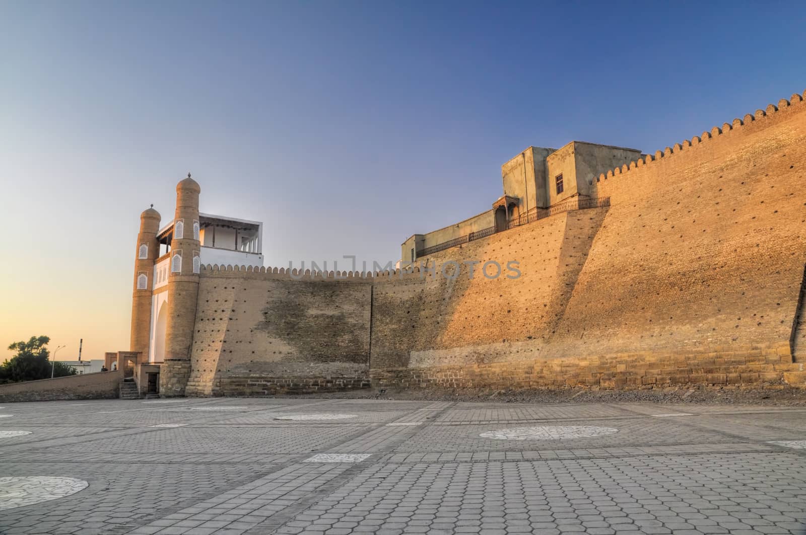 Picturesque view of city walls and gate in Bukhara, Uzbekistan