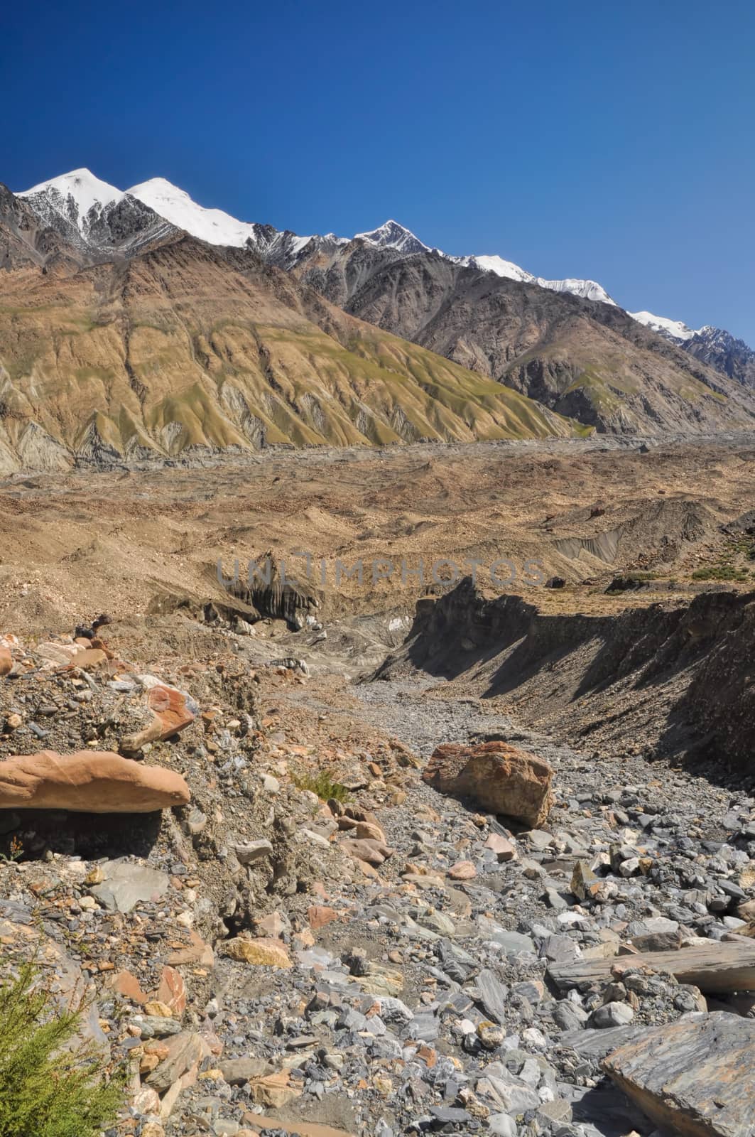 Lower parts of scenic Engilchek glacier in Kyrgyzstan