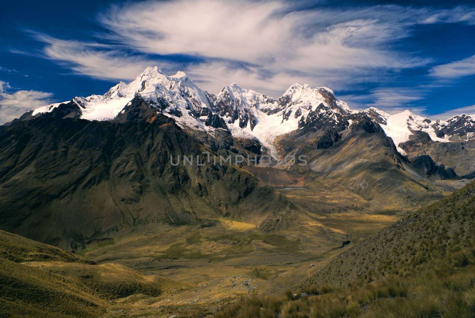 Majestic Alpamayo, one of highest mountain peaks in Peruvian Andes, Cordillera Blanca