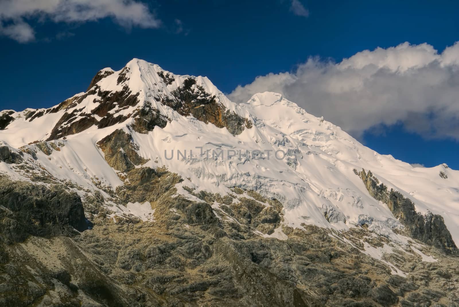 Scenic mountain Huascaran in Andes, highest peak in Peru, South America