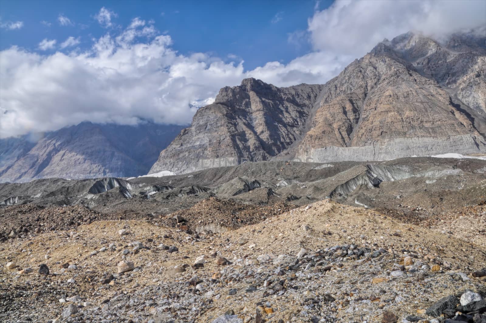 Dramatic high altitude landscape on Engilchek glacier in Tian Shan mountain range in Kyrgyzstan