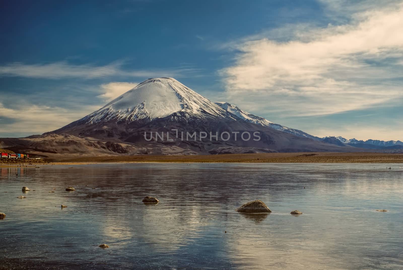 Picturesque view of Nevado Sajama volcano, highest peak in Bolivia in Sajama national park