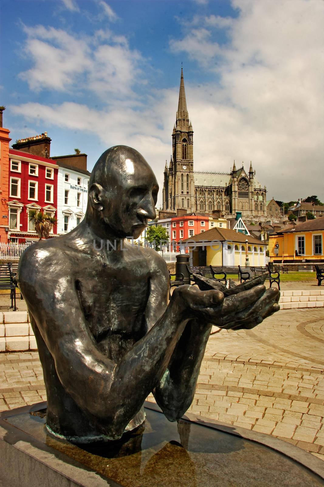 This bronze sculpture stands on the waterfront at Cobh in Ireland, with St Colmons Cathedral behind. The Titanic departed from here on its final fatal voyage. Also from here, thousands of emigrants left, to find a new life in America.