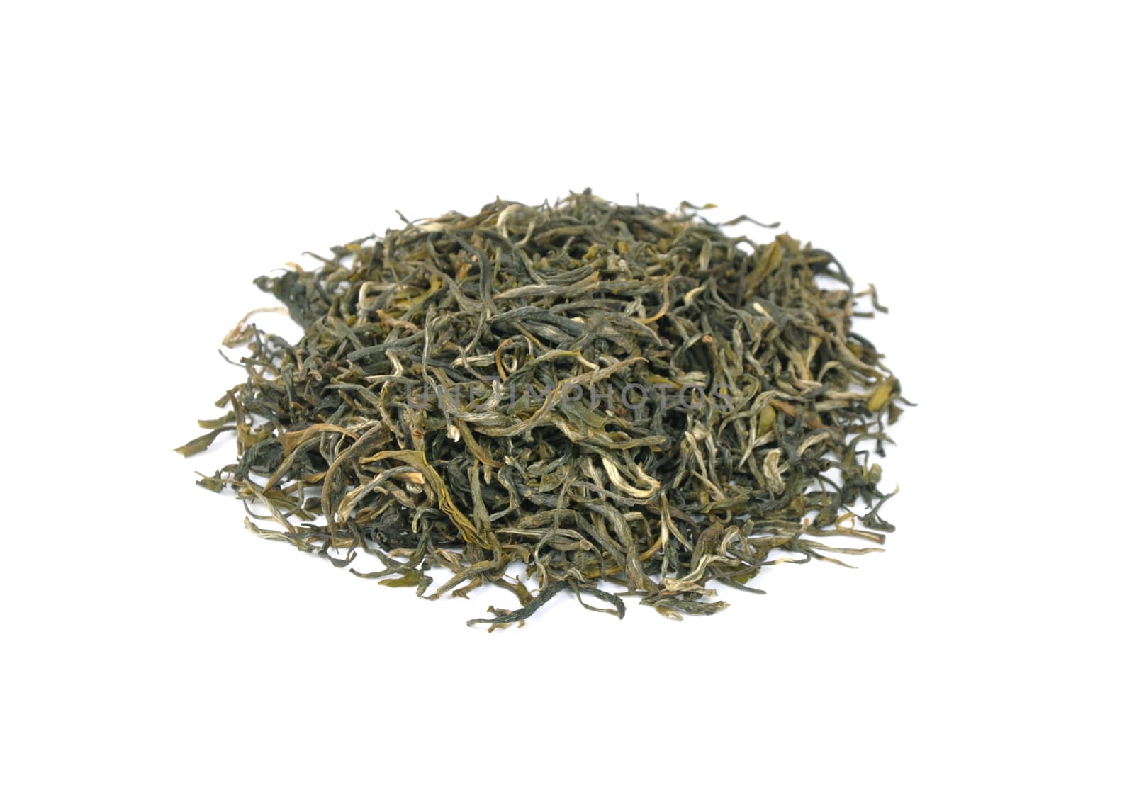 Loose green tea on white bakcground