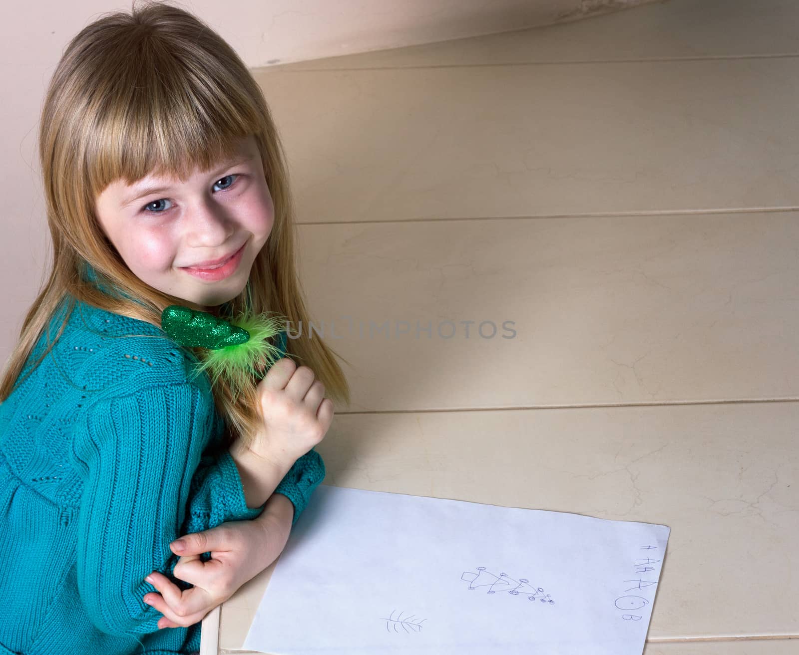 family, children and happy people concept - little girl drawing